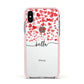 Personalised Hearts Confetti Clear Name Apple iPhone Xs Impact Case Pink Edge on Silver Phone