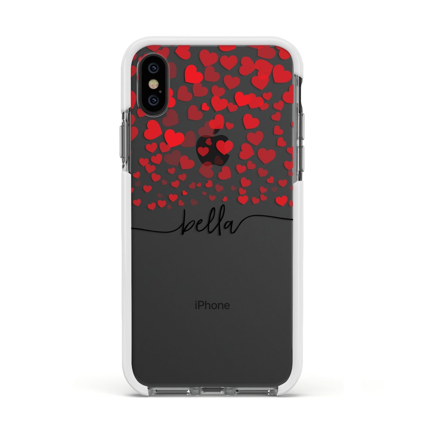 Personalised Hearts Confetti Clear Name Apple iPhone Xs Impact Case White Edge on Black Phone