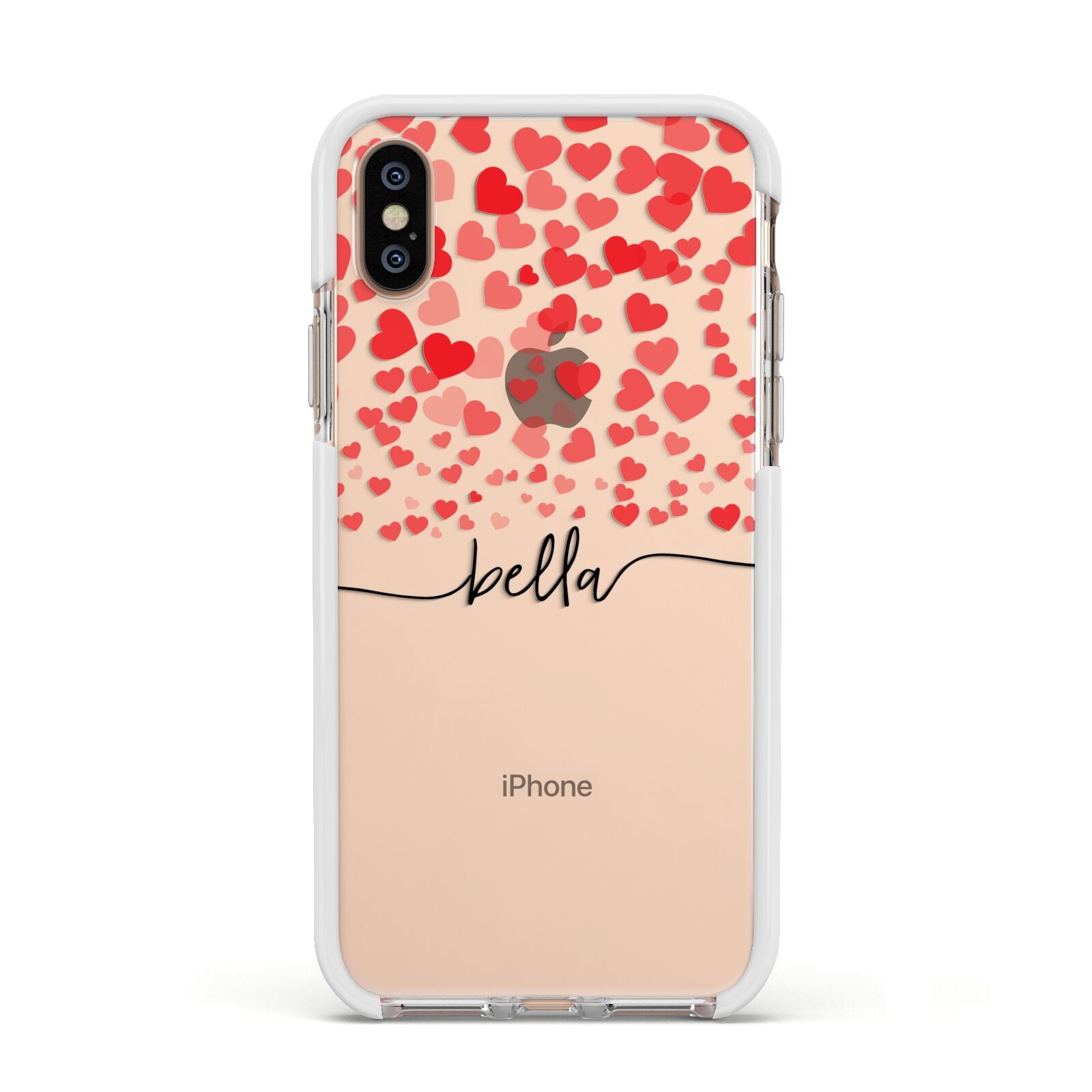 Personalised Hearts Confetti Clear Name Apple iPhone Xs Impact Case White Edge on Gold Phone