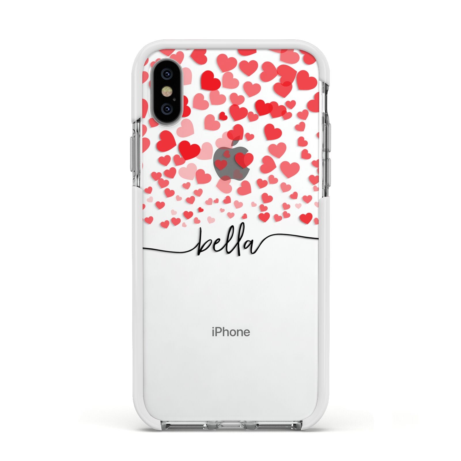 Personalised Hearts Confetti Clear Name Apple iPhone Xs Impact Case White Edge on Silver Phone