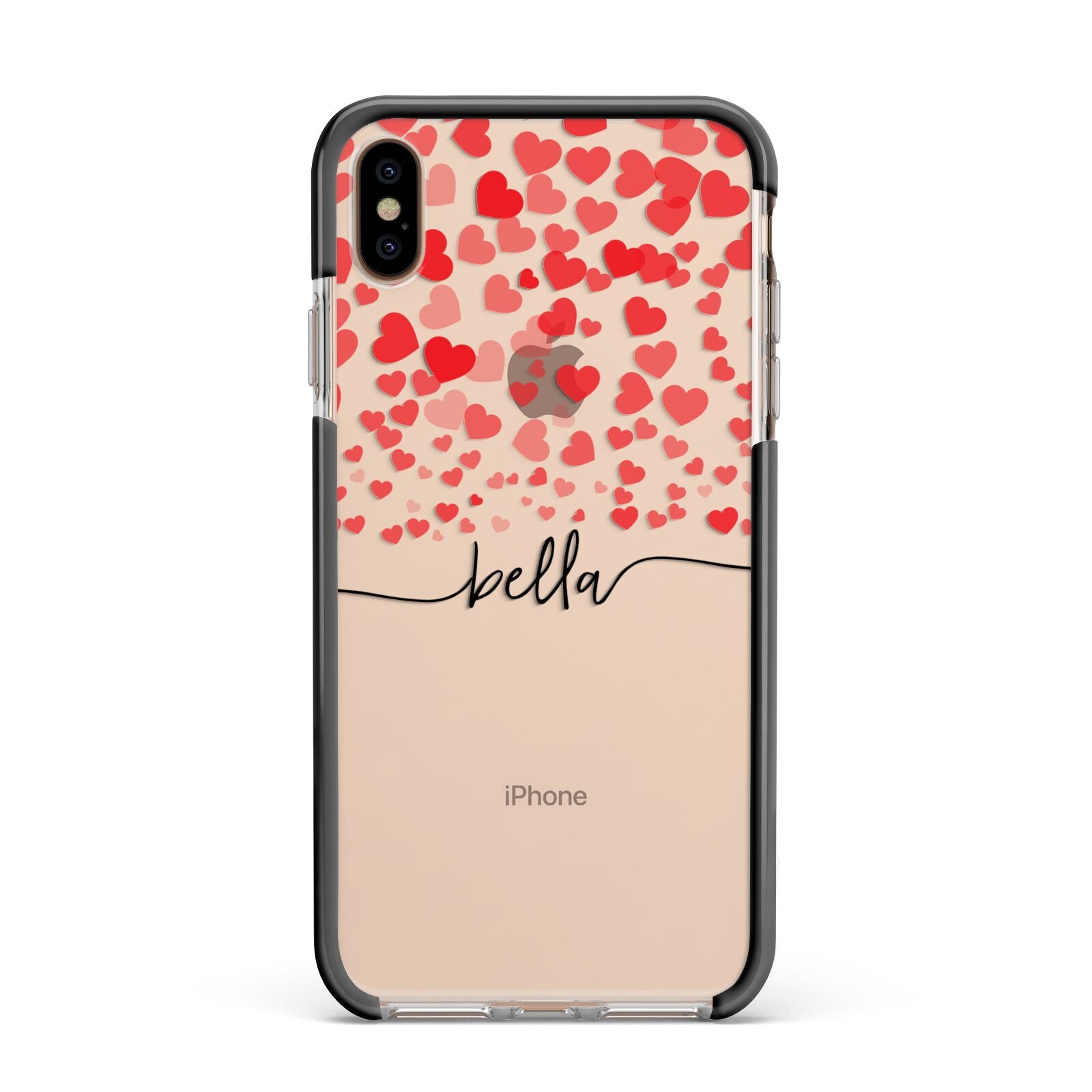 Personalised Hearts Confetti Clear Name Apple iPhone Xs Max Impact Case Black Edge on Gold Phone
