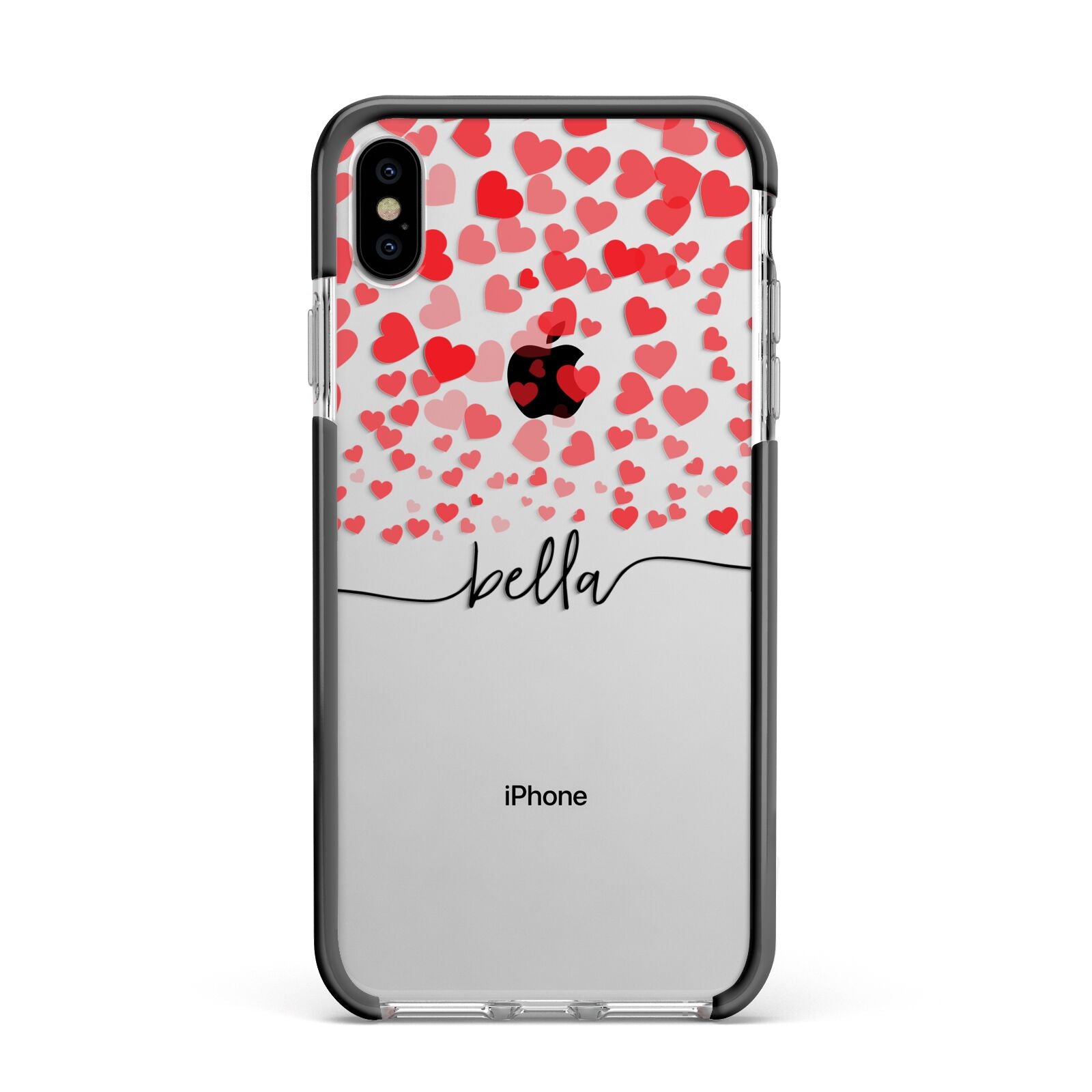 Personalised Hearts Confetti Clear Name Apple iPhone Xs Max Impact Case Black Edge on Silver Phone