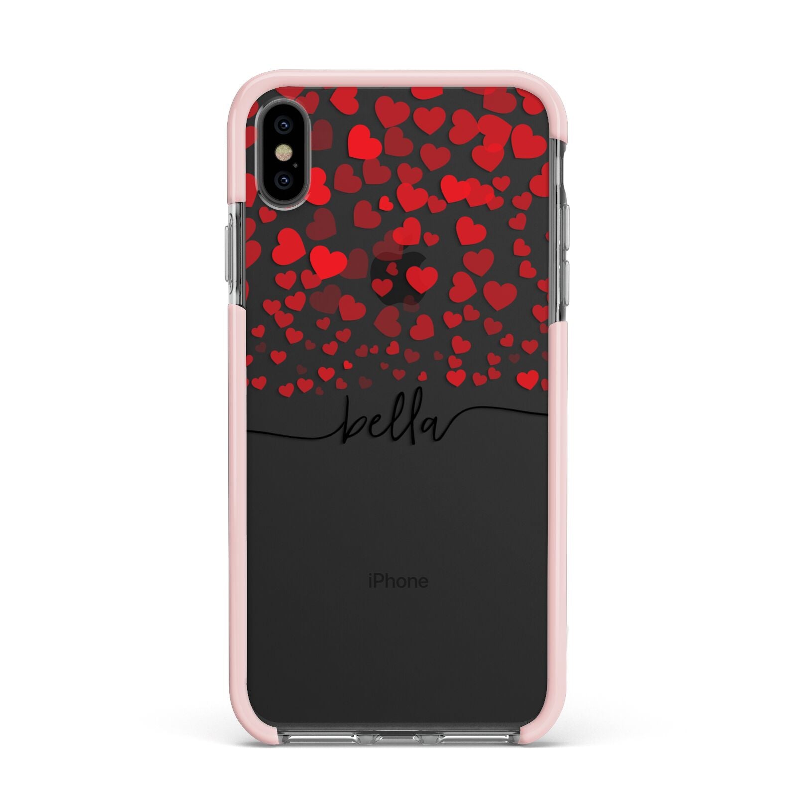 Personalised Hearts Confetti Clear Name Apple iPhone Xs Max Impact Case Pink Edge on Black Phone
