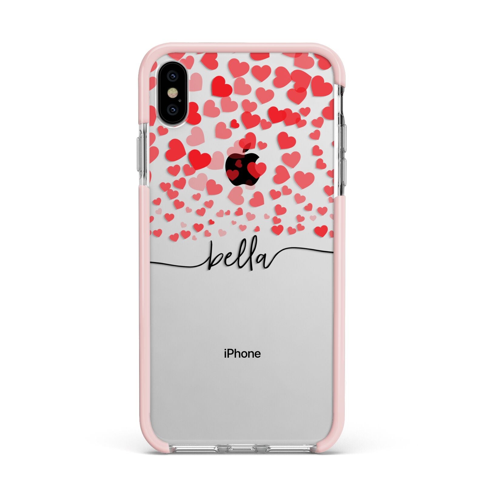 Personalised Hearts Confetti Clear Name Apple iPhone Xs Max Impact Case Pink Edge on Silver Phone