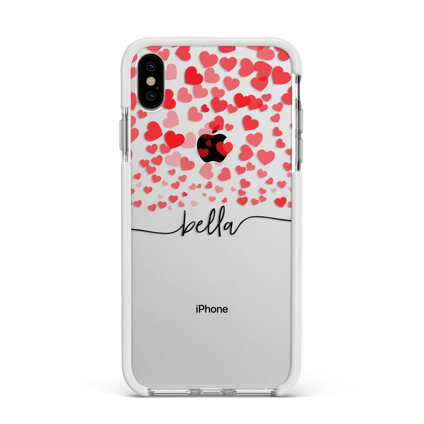 Personalised Hearts Confetti Clear Name Apple iPhone Xs Max Impact Case White Edge on Silver Phone