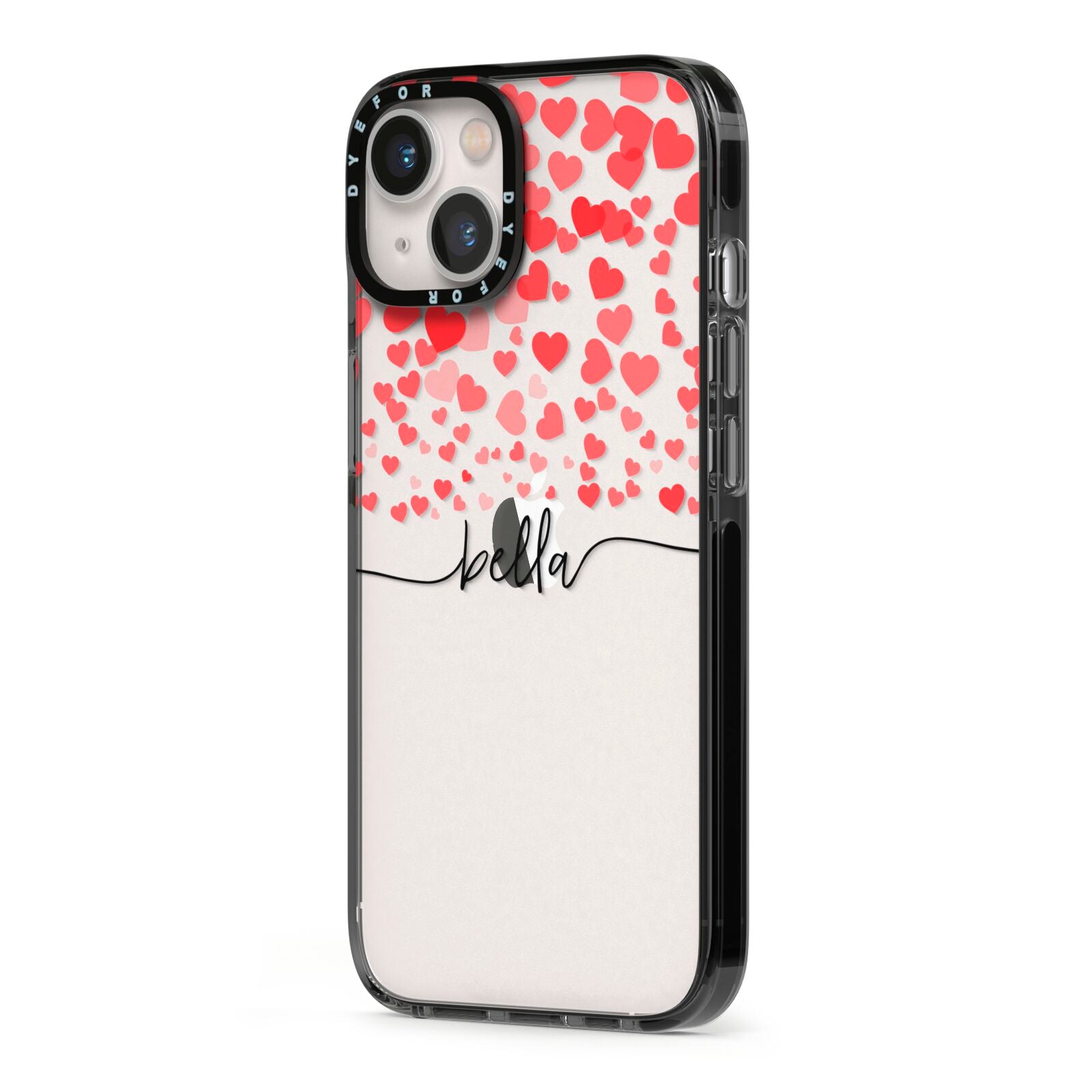 Personalised Hearts Confetti Clear Name iPhone 13 Black Impact Case Side Angle on Silver phone