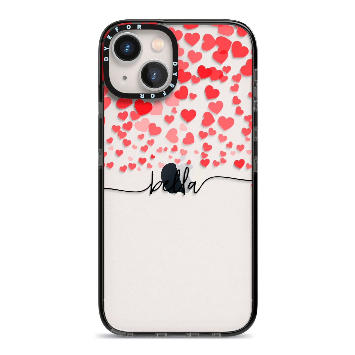 Personalised Hearts Confetti Clear Name iPhone 13 Black Impact Case on Silver phone
