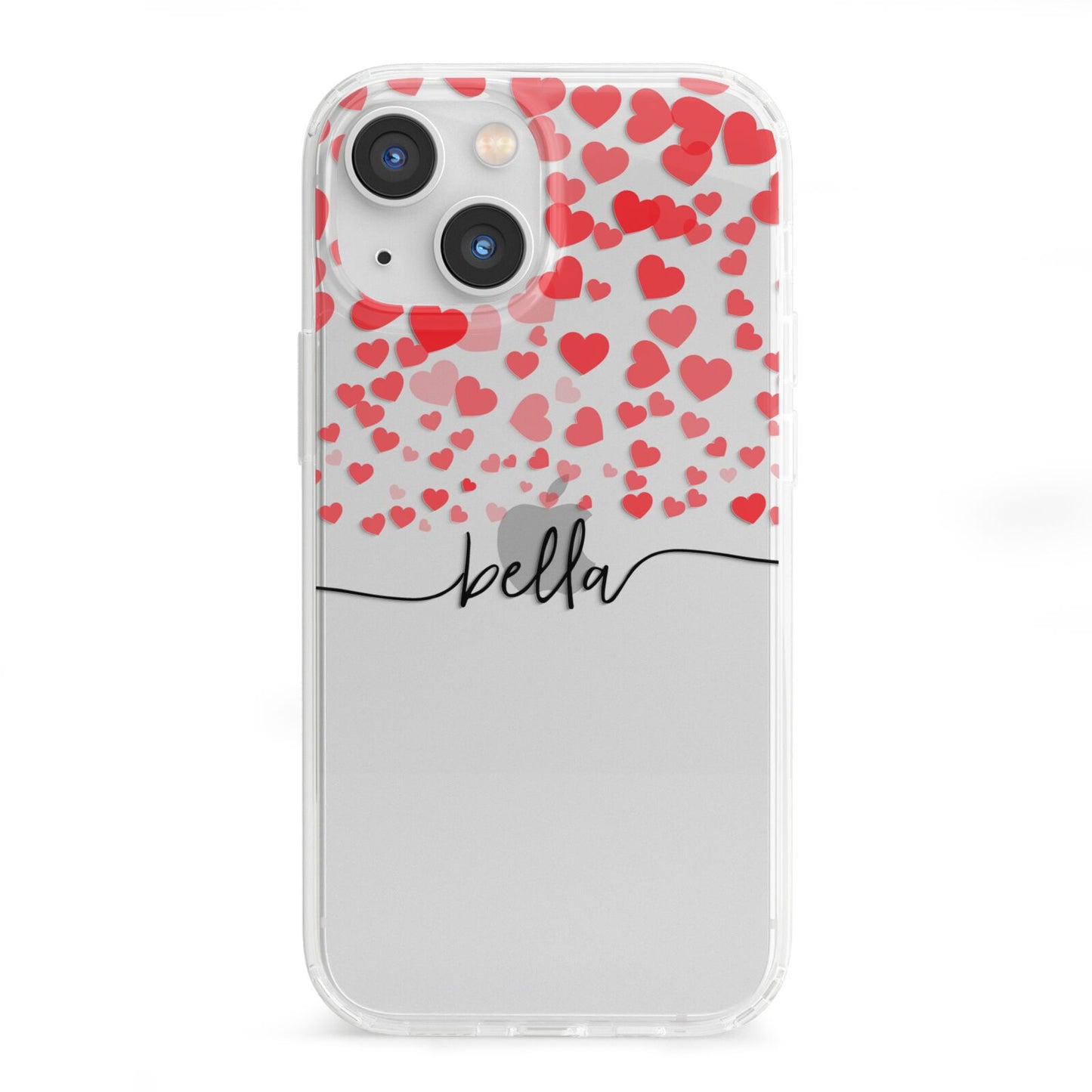 Personalised Hearts Confetti Clear Name iPhone 13 Mini Clear Bumper Case
