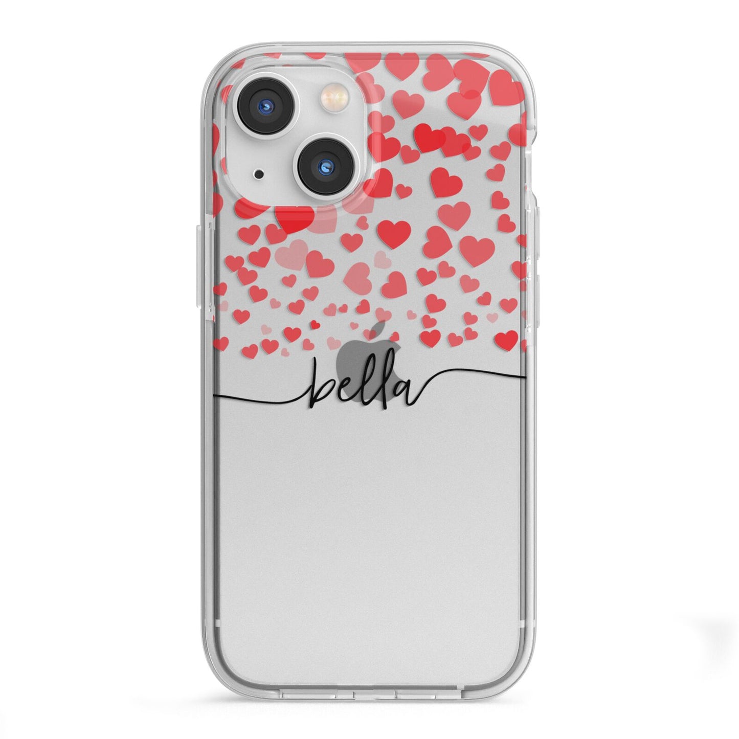 Personalised Hearts Confetti Clear Name iPhone 13 Mini TPU Impact Case with White Edges