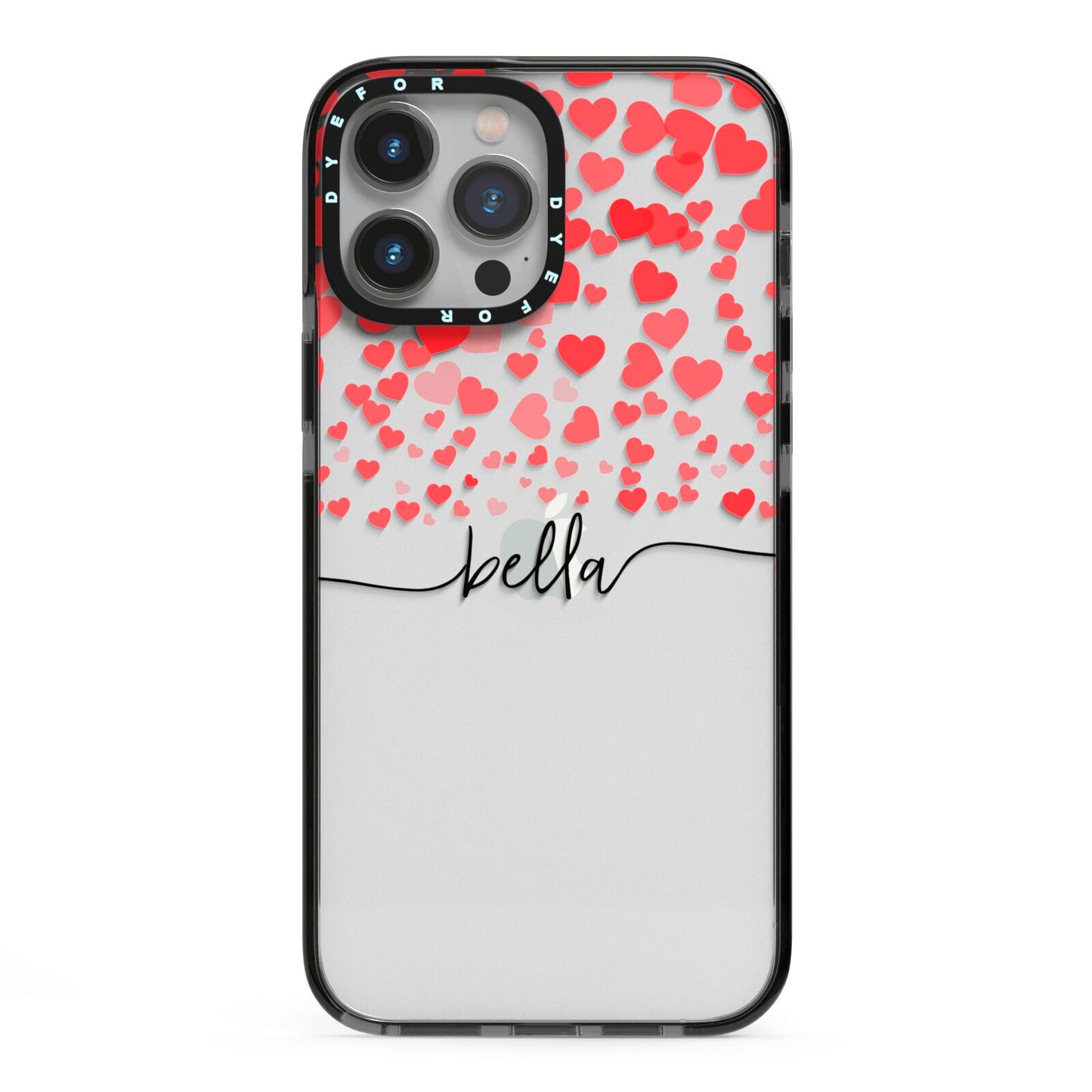 Personalised Hearts Confetti Clear Name iPhone 13 Pro Max Black Impact Case on Silver phone