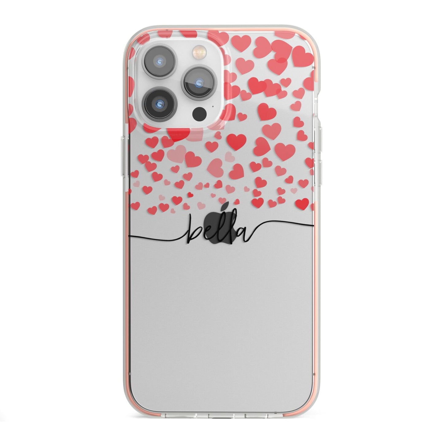 Personalised Hearts Confetti Clear Name iPhone 13 Pro Max TPU Impact Case with Pink Edges