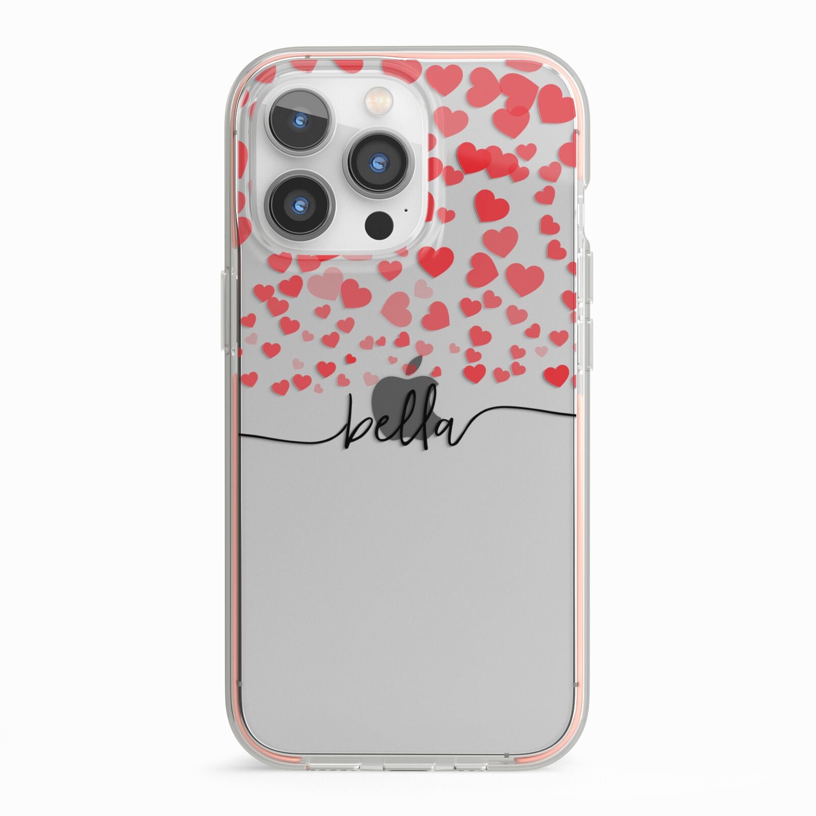 Personalised Hearts Confetti Clear Name iPhone 13 Pro TPU Impact Case with Pink Edges