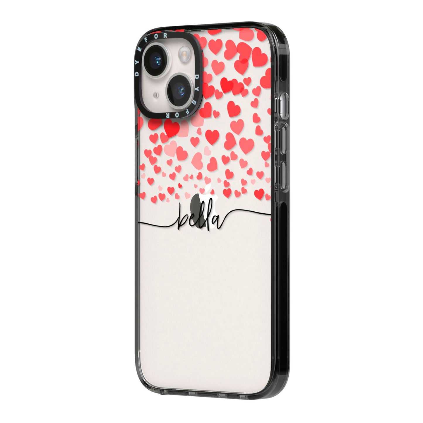 Personalised Hearts Confetti Clear Name iPhone 14 Black Impact Case Side Angle on Silver phone