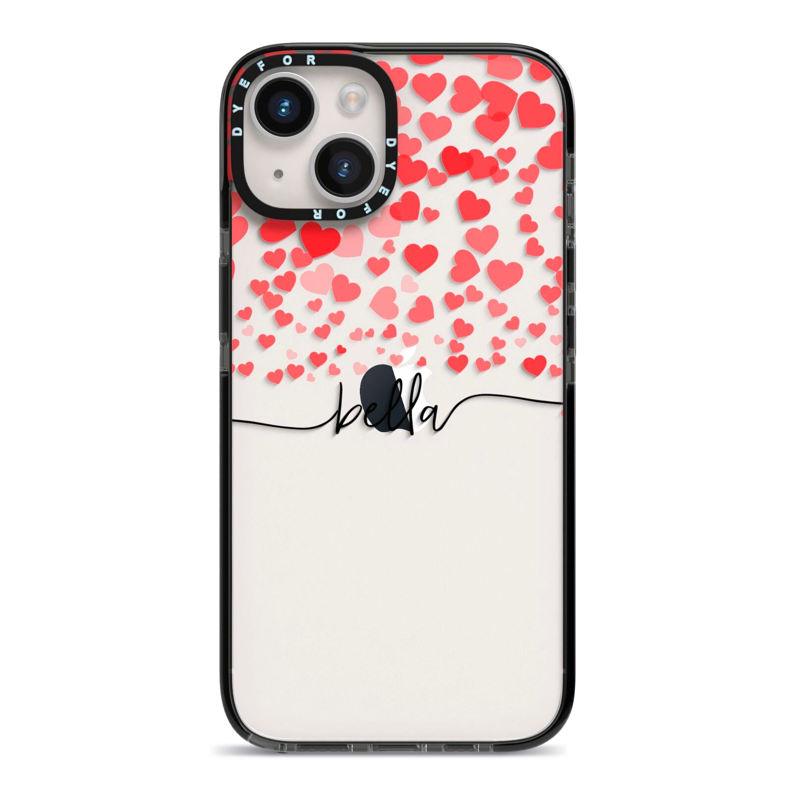 Personalised Hearts Confetti Clear Name iPhone 14 Black Impact Case on Silver phone