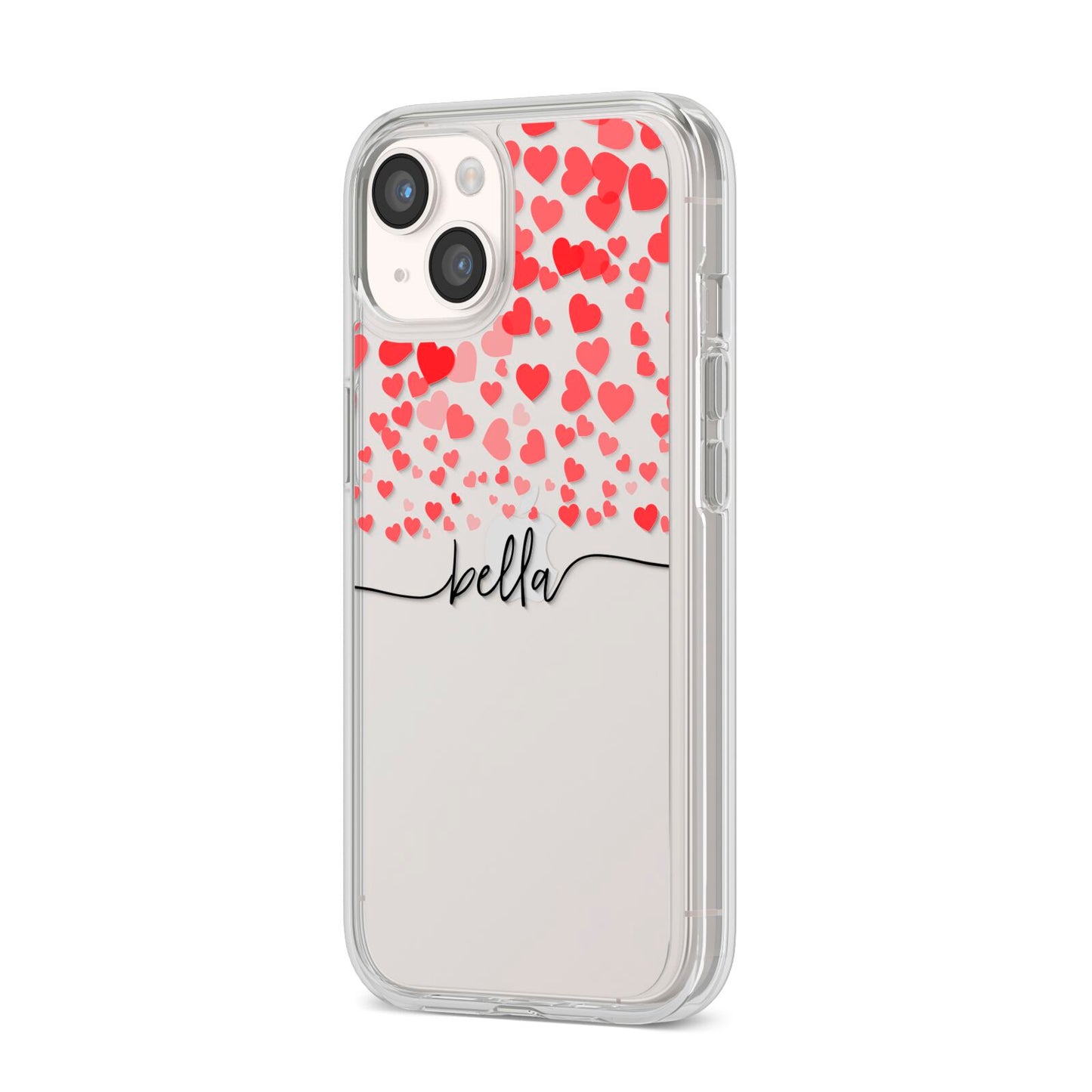 Personalised Hearts Confetti Clear Name iPhone 14 Clear Tough Case Starlight Angled Image