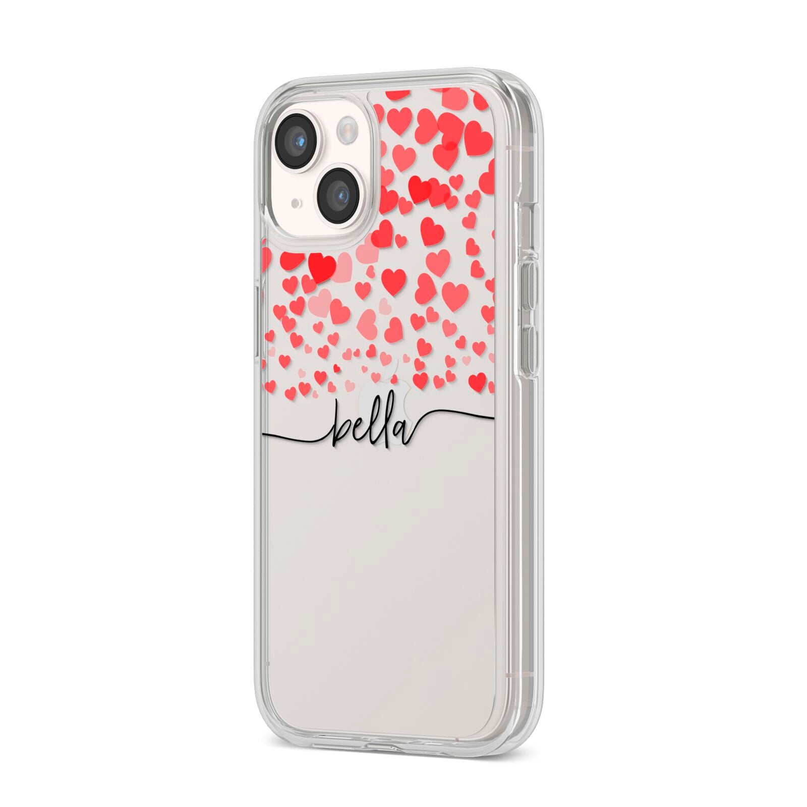 Personalised Hearts Confetti Clear Name iPhone 14 Clear Tough Case Starlight Angled Image