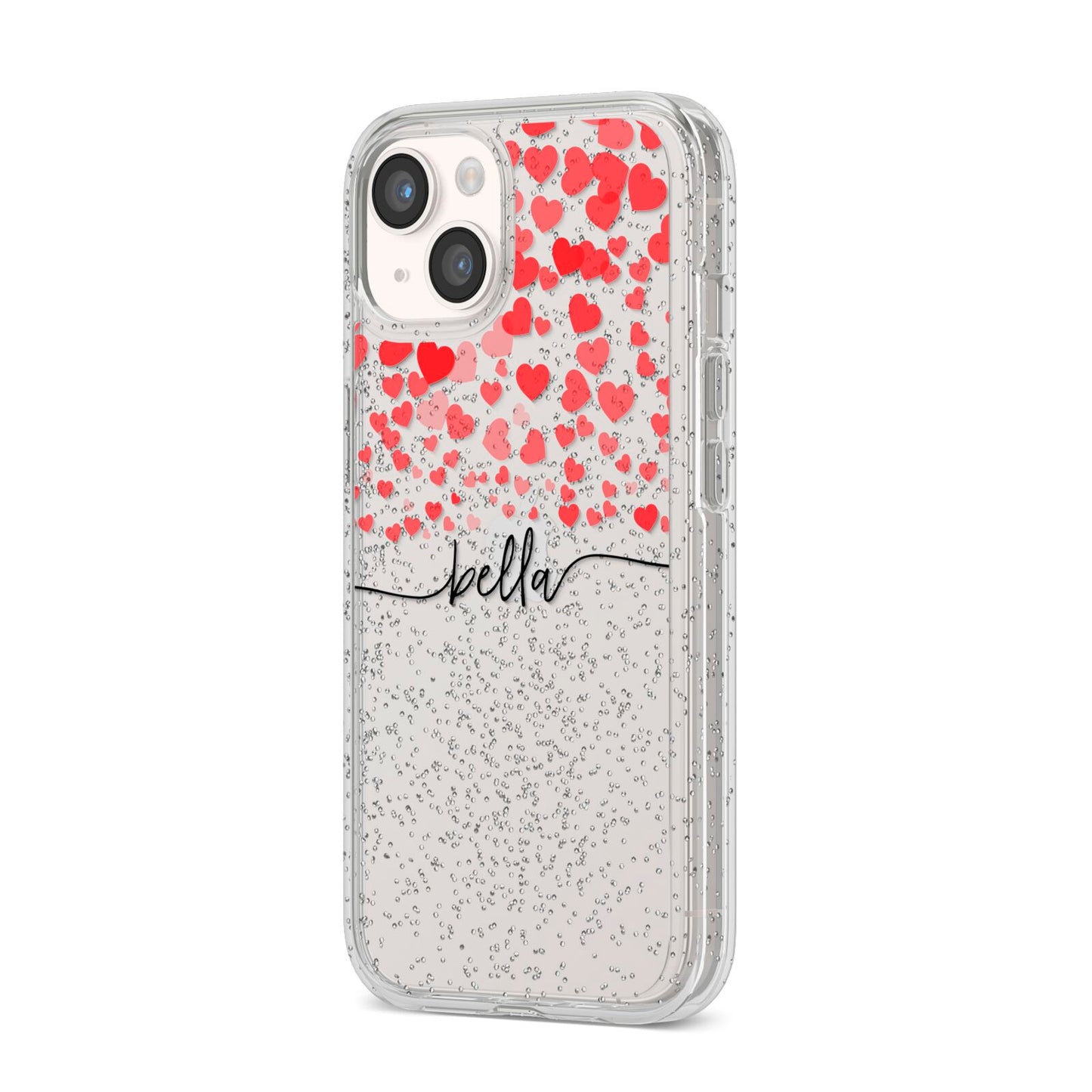 Personalised Hearts Confetti Clear Name iPhone 14 Glitter Tough Case Starlight Angled Image