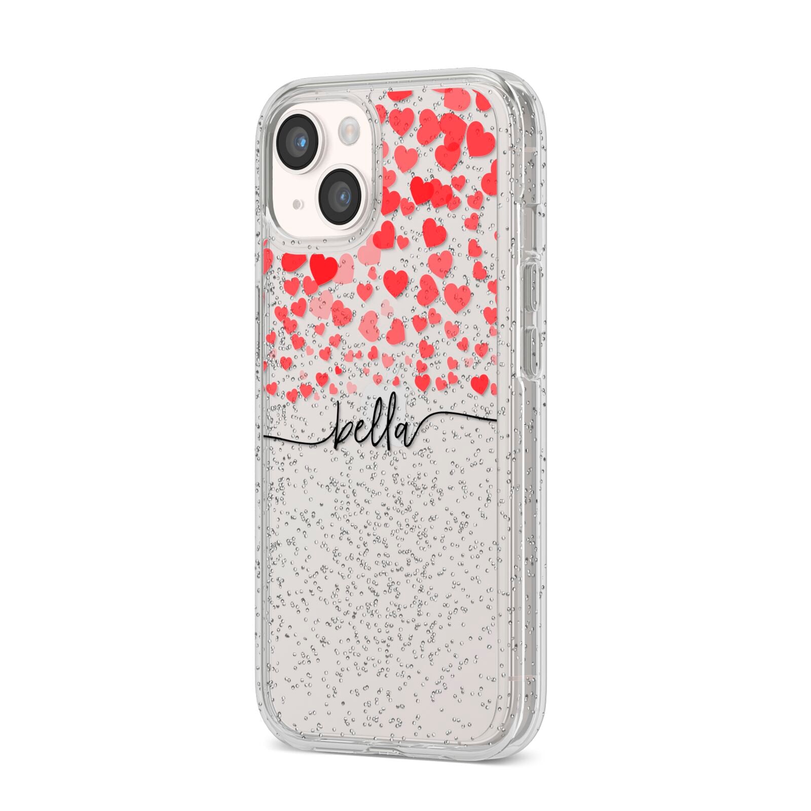 Personalised Hearts Confetti Clear Name iPhone 14 Glitter Tough Case Starlight Angled Image