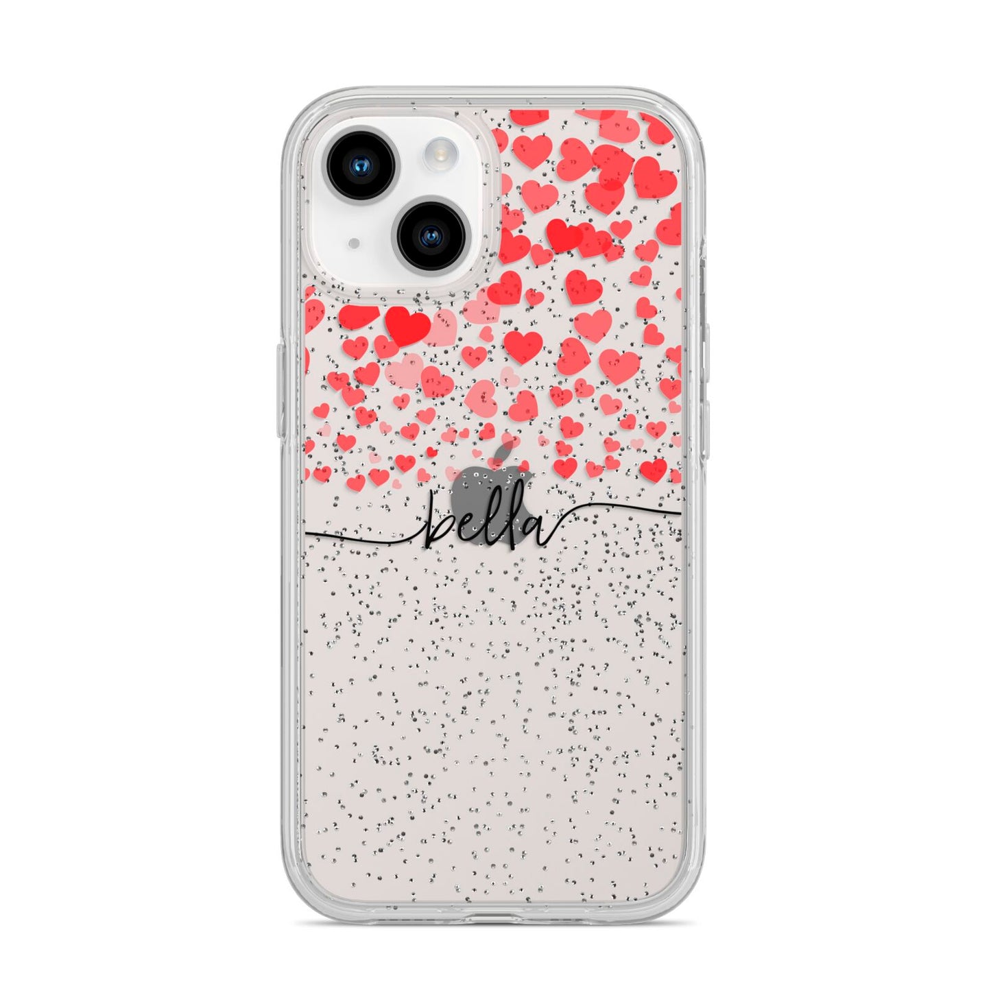 Personalised Hearts Confetti Clear Name iPhone 14 Glitter Tough Case Starlight