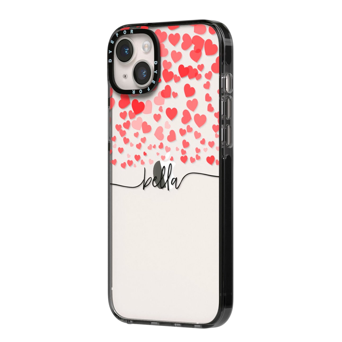Personalised Hearts Confetti Clear Name iPhone 14 Plus Black Impact Case Side Angle on Silver phone