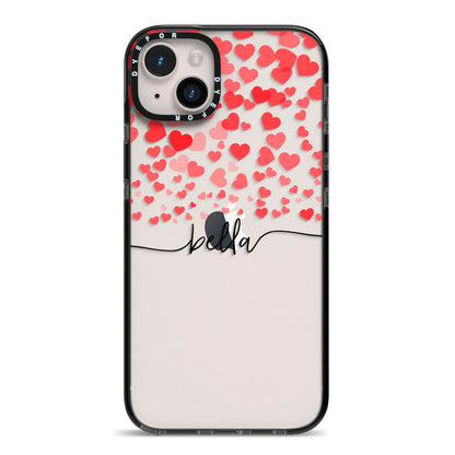 Personalised Hearts Confetti Clear Name iPhone 14 Plus Black Impact Case on Silver phone