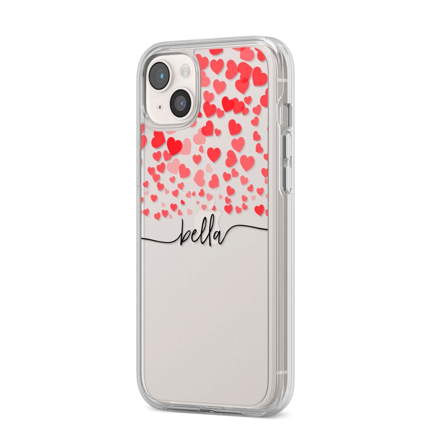 Personalised Hearts Confetti Clear Name iPhone 14 Plus Clear Tough Case Starlight Angled Image