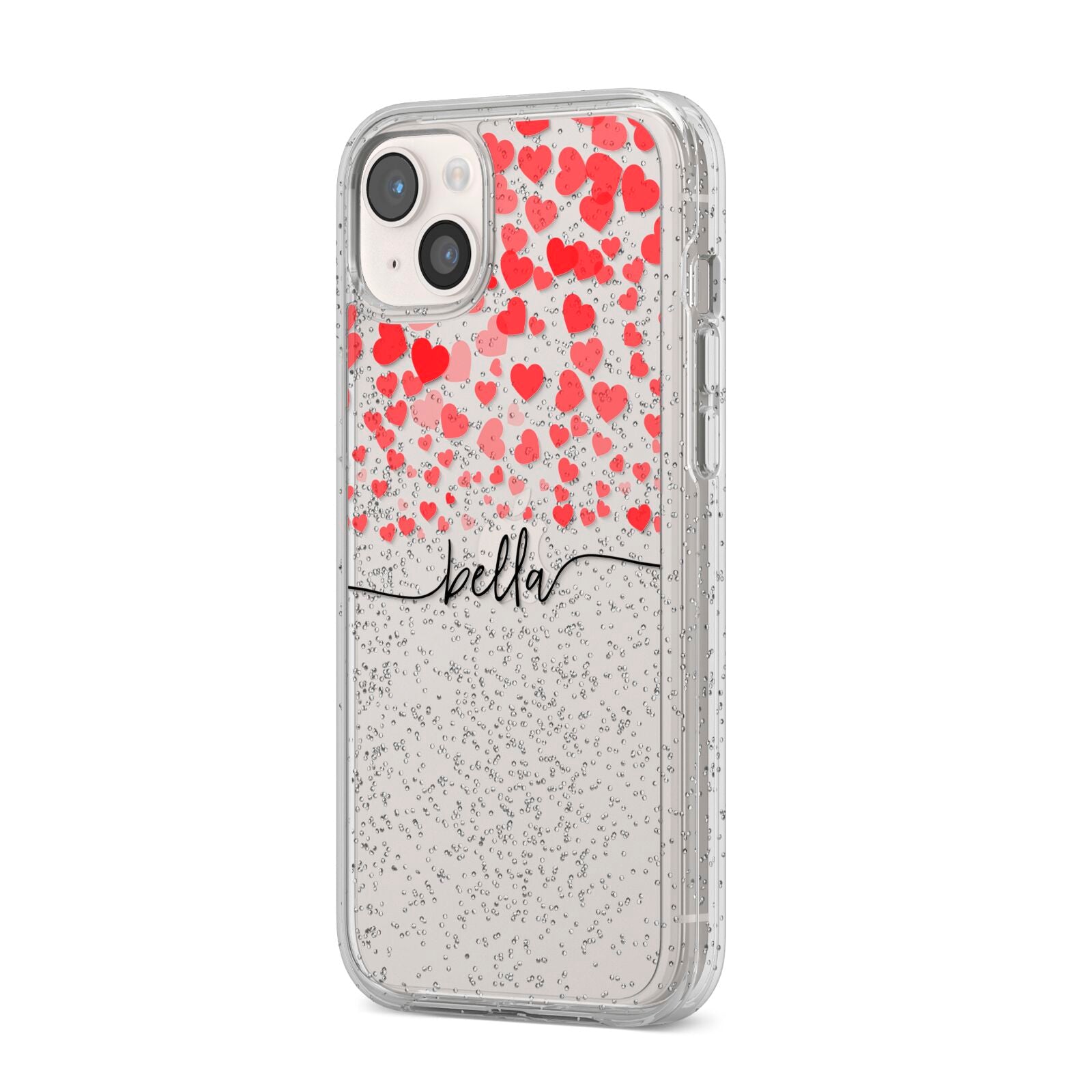 Personalised Hearts Confetti Clear Name iPhone 14 Plus Glitter Tough Case Starlight Angled Image