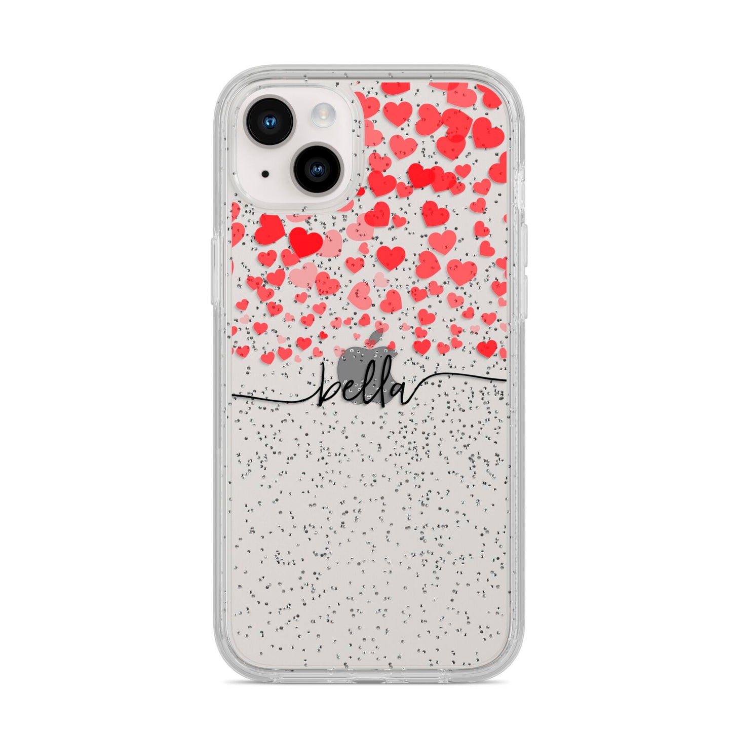Personalised Hearts Confetti Clear Name iPhone 14 Plus Glitter Tough Case Starlight