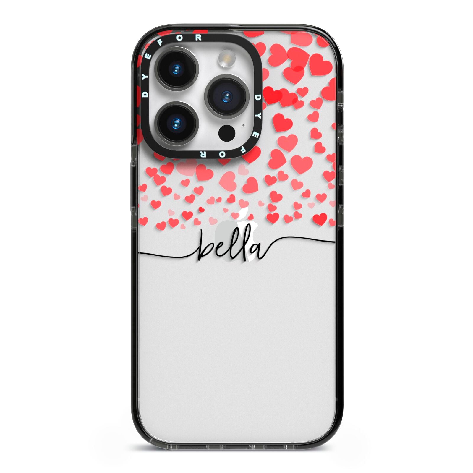 Personalised Hearts Confetti Clear Name iPhone 14 Pro Black Impact Case on Silver phone