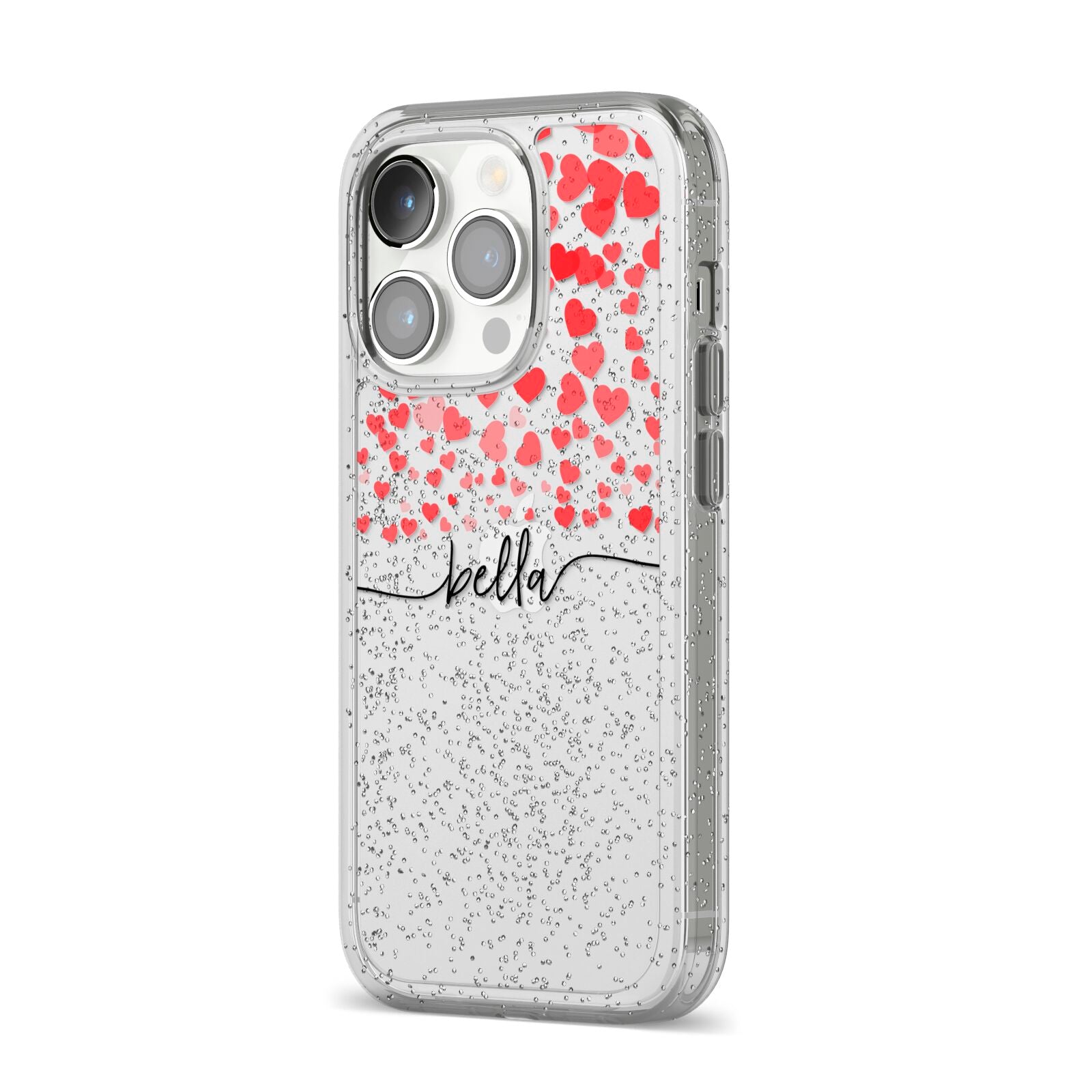 Personalised Hearts Confetti Clear Name iPhone 14 Pro Glitter Tough Case Silver Angled Image