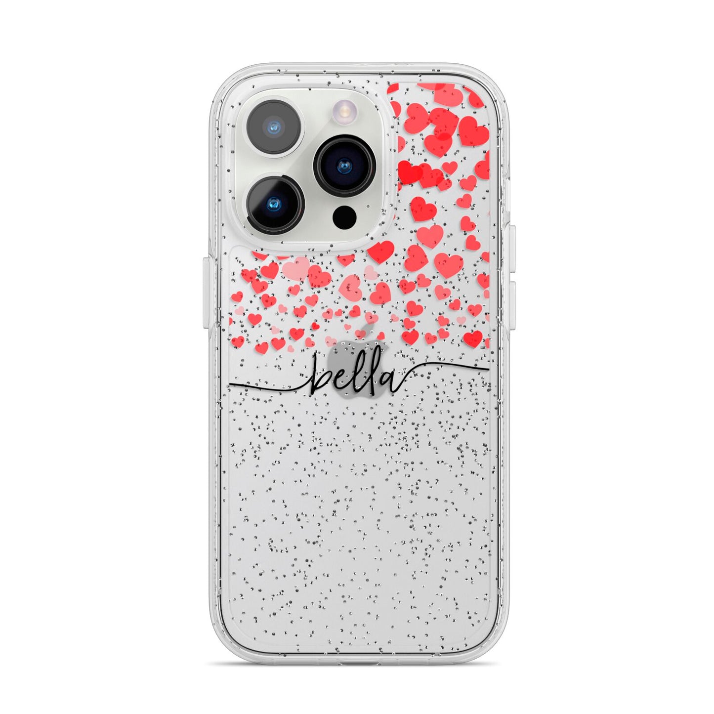 Personalised Hearts Confetti Clear Name iPhone 14 Pro Glitter Tough Case Silver