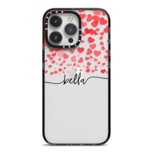 Personalised Hearts Confetti Clear Name iPhone 14 Pro Max Black Impact Case on Silver phone