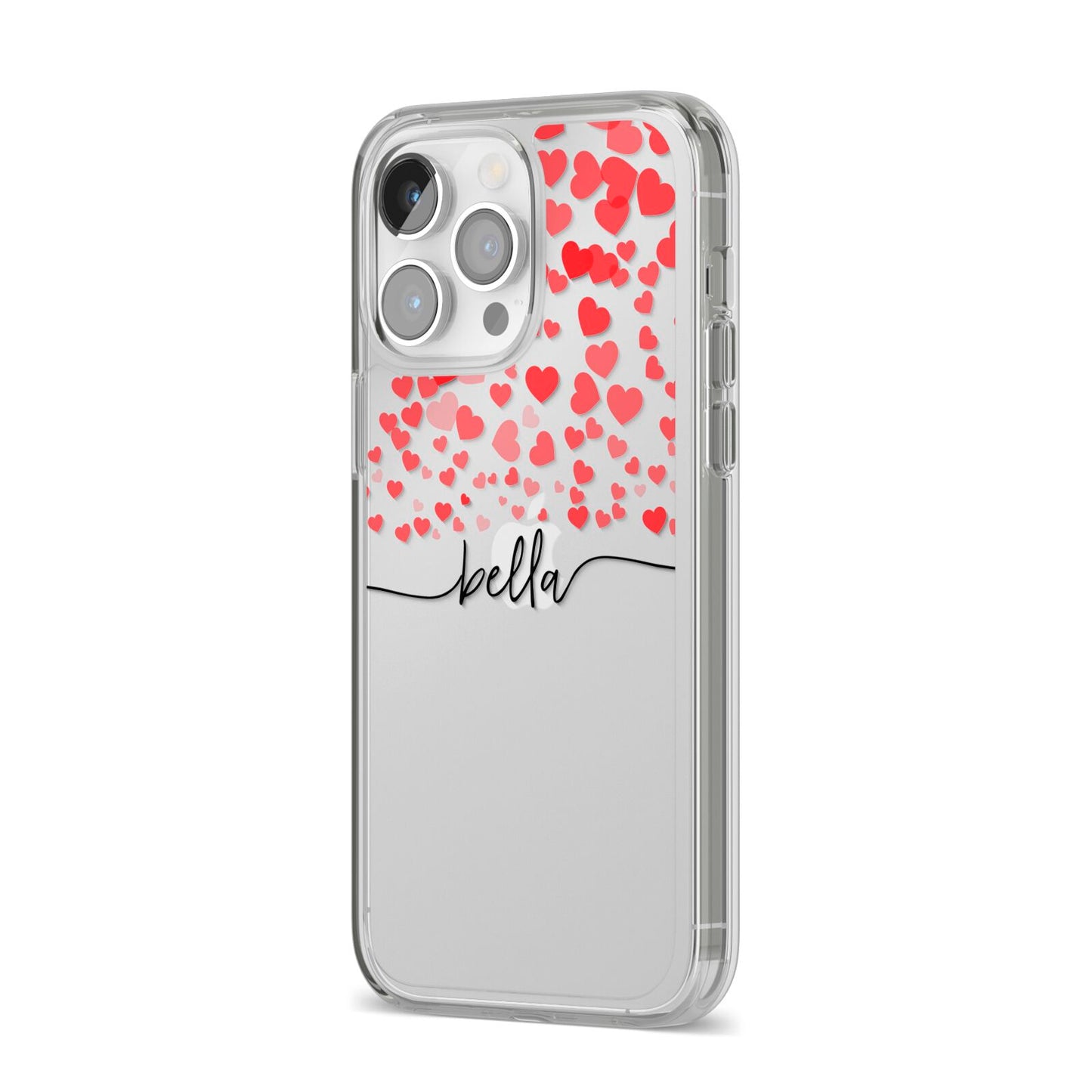 Personalised Hearts Confetti Clear Name iPhone 14 Pro Max Clear Tough Case Silver Angled Image