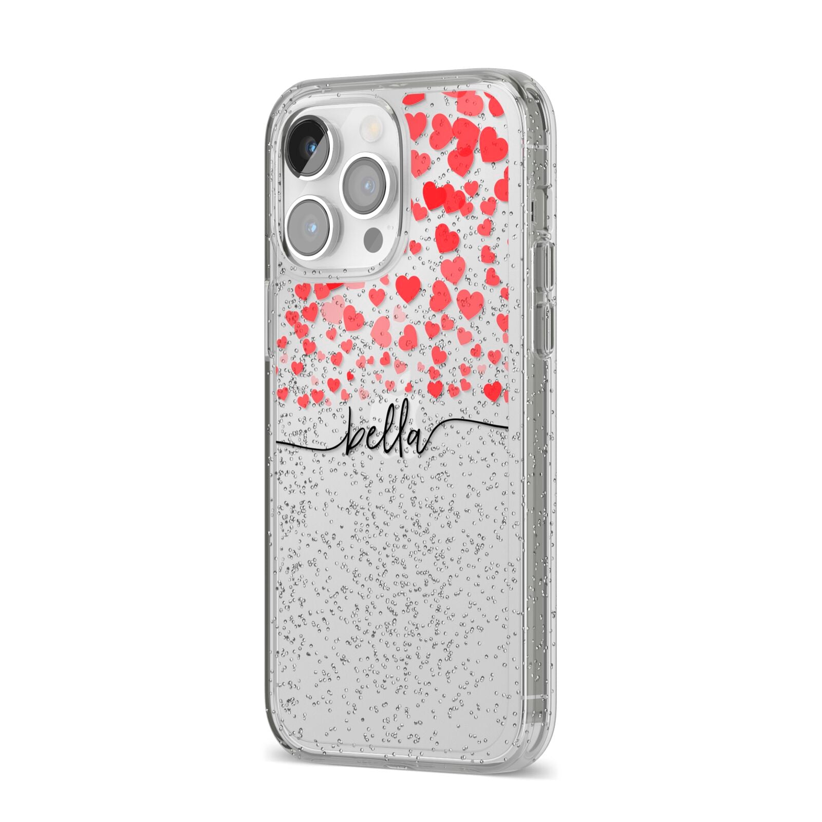 Personalised Hearts Confetti Clear Name iPhone 14 Pro Max Glitter Tough Case Silver Angled Image