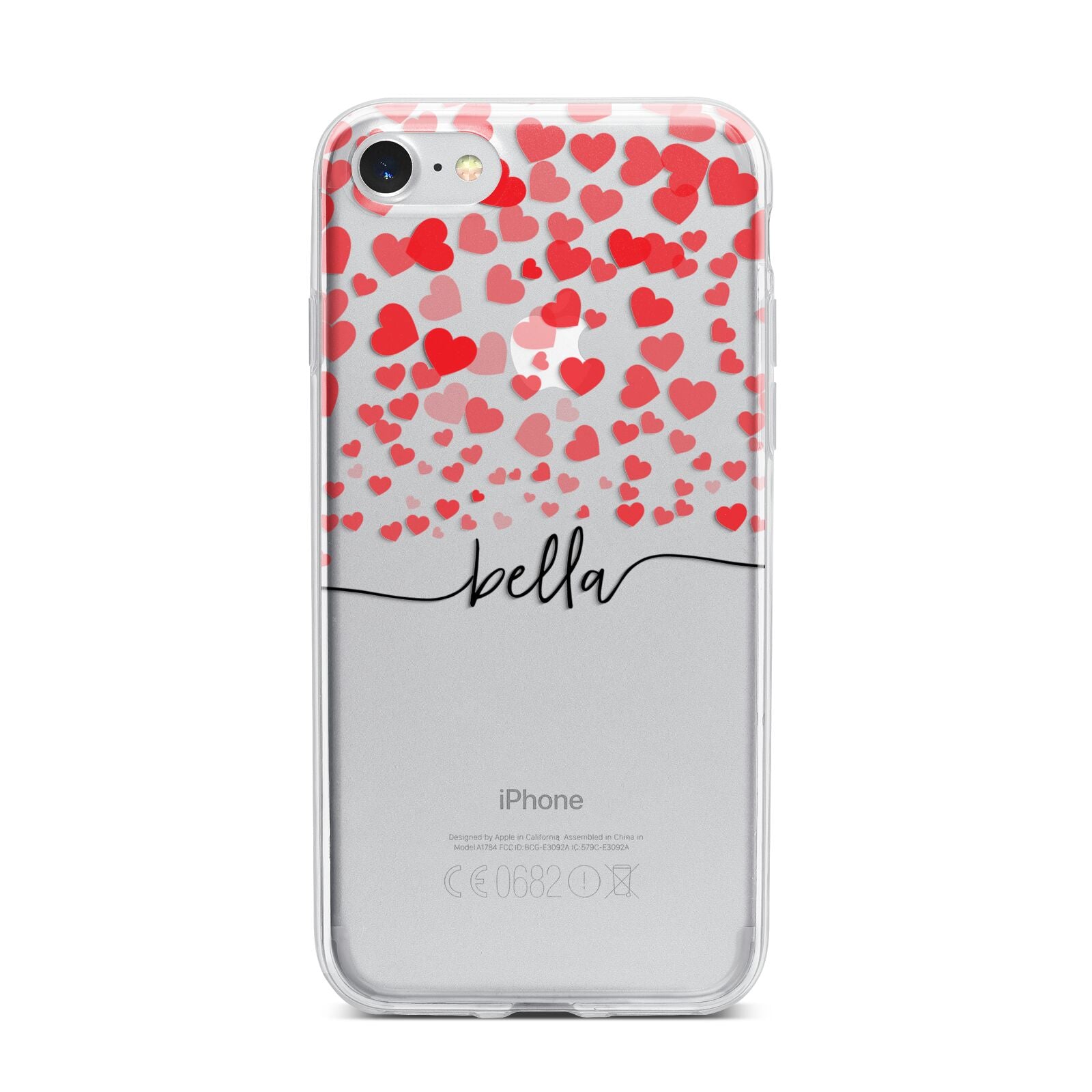 Personalised Hearts Confetti Clear Name iPhone 7 Bumper Case on Silver iPhone