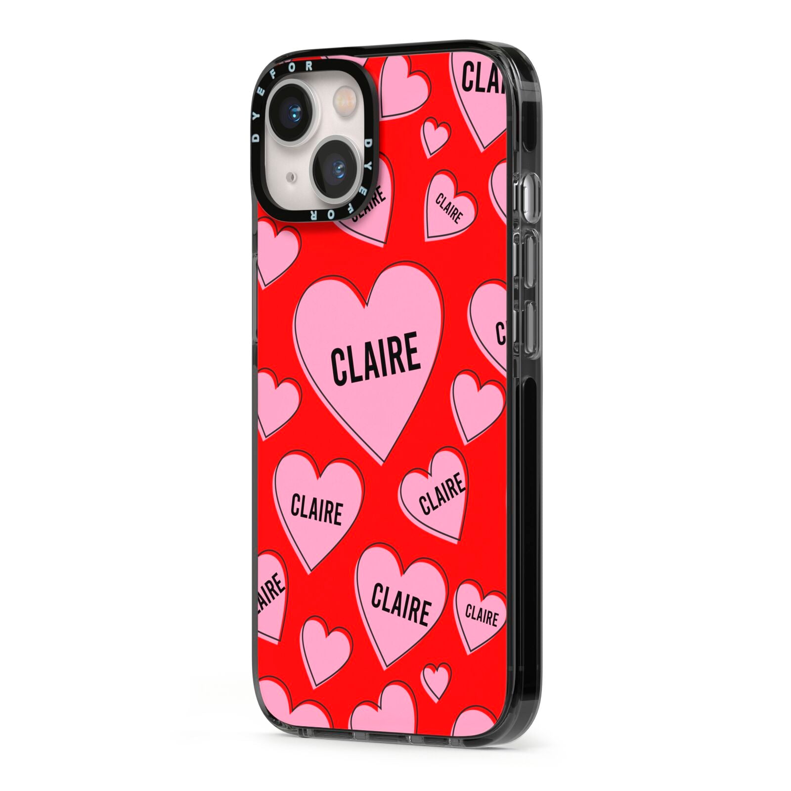 Personalised Hearts iPhone 13 Black Impact Case Side Angle on Silver phone