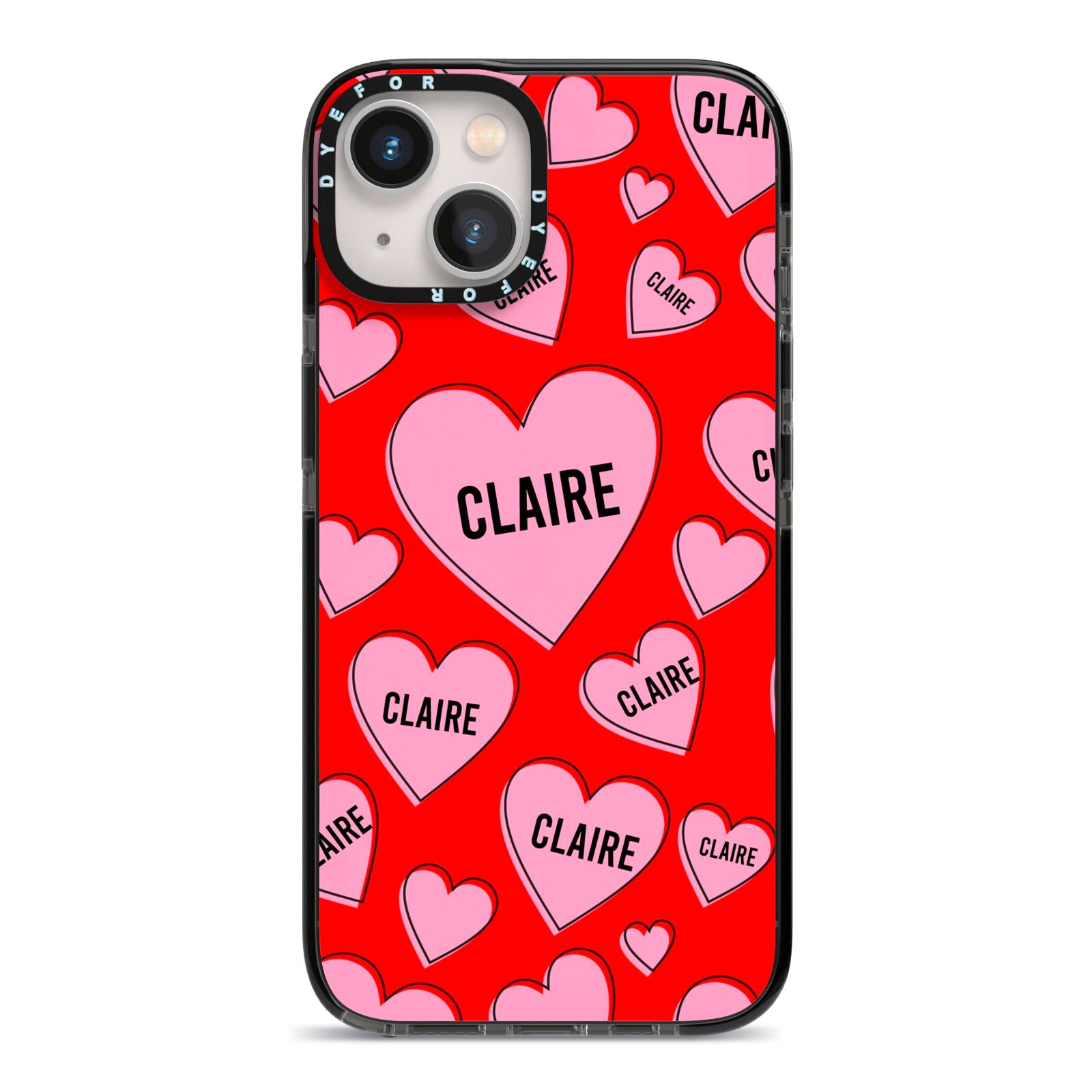Personalised Hearts iPhone 13 Black Impact Case on Silver phone