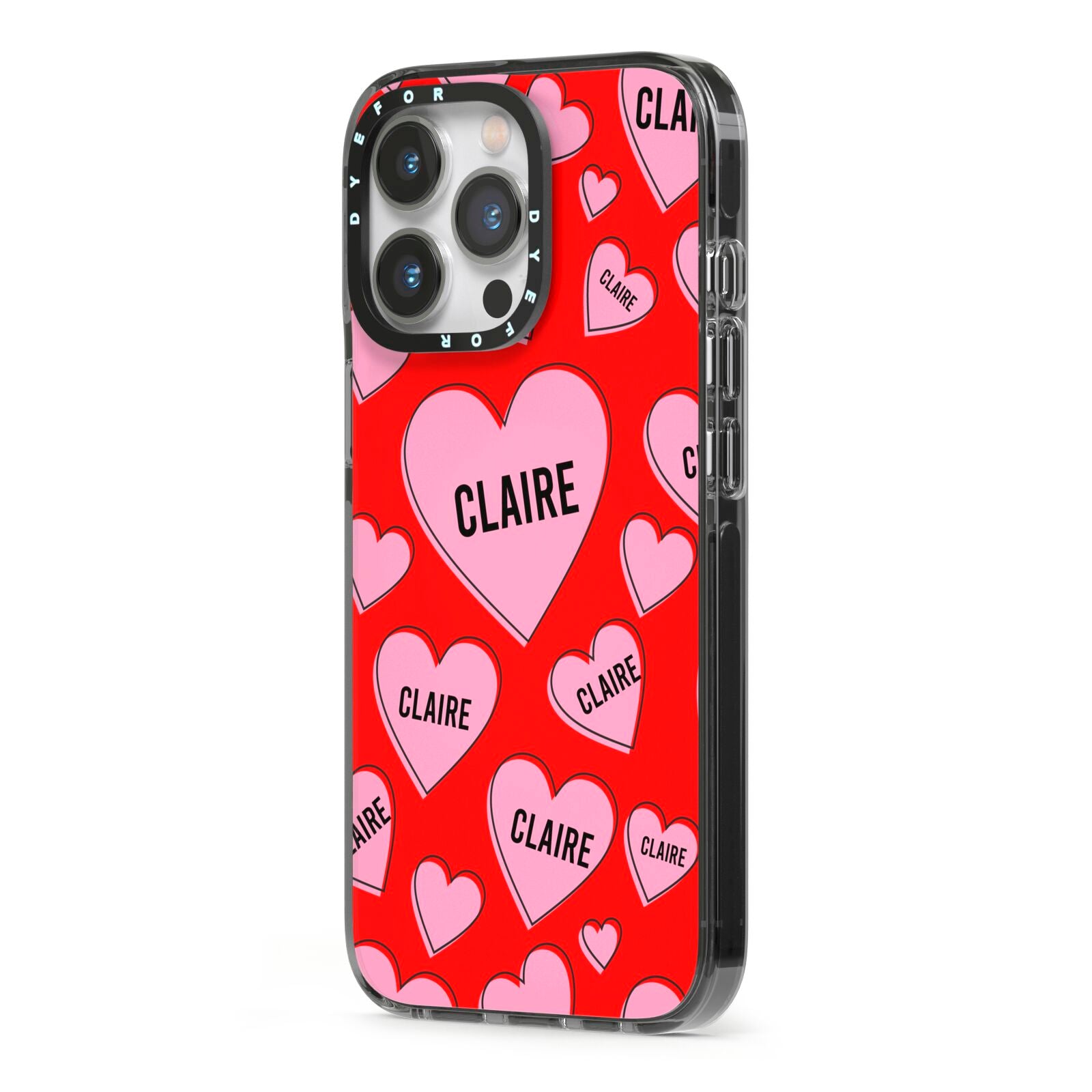 Personalised Hearts iPhone 13 Pro Black Impact Case Side Angle on Silver phone