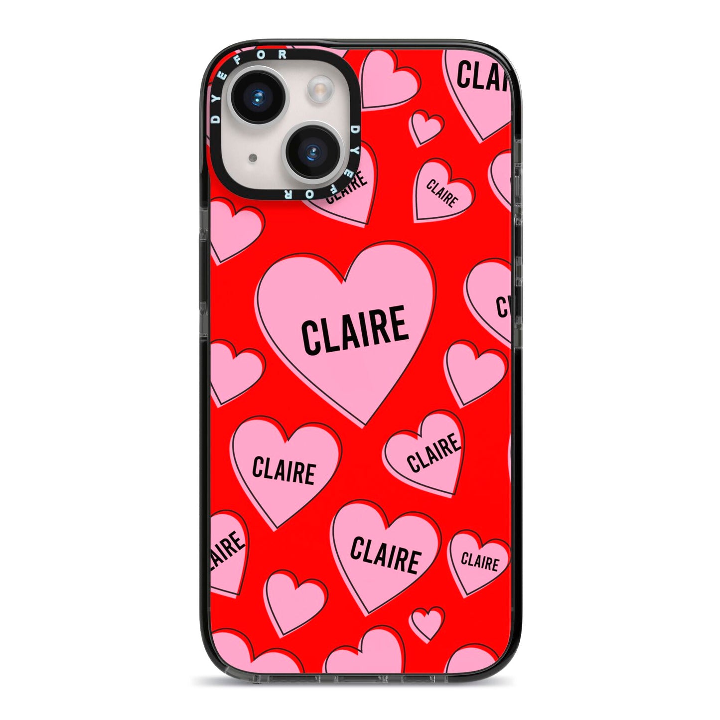 Personalised Hearts iPhone 14 Black Impact Case on Silver phone