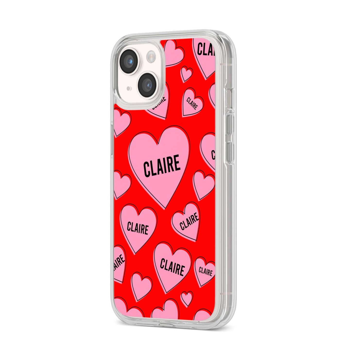 Personalised Hearts iPhone 14 Clear Tough Case Starlight Angled Image