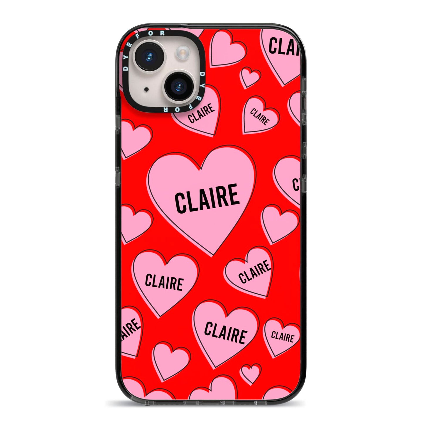 Personalised Hearts iPhone 14 Plus Black Impact Case on Silver phone