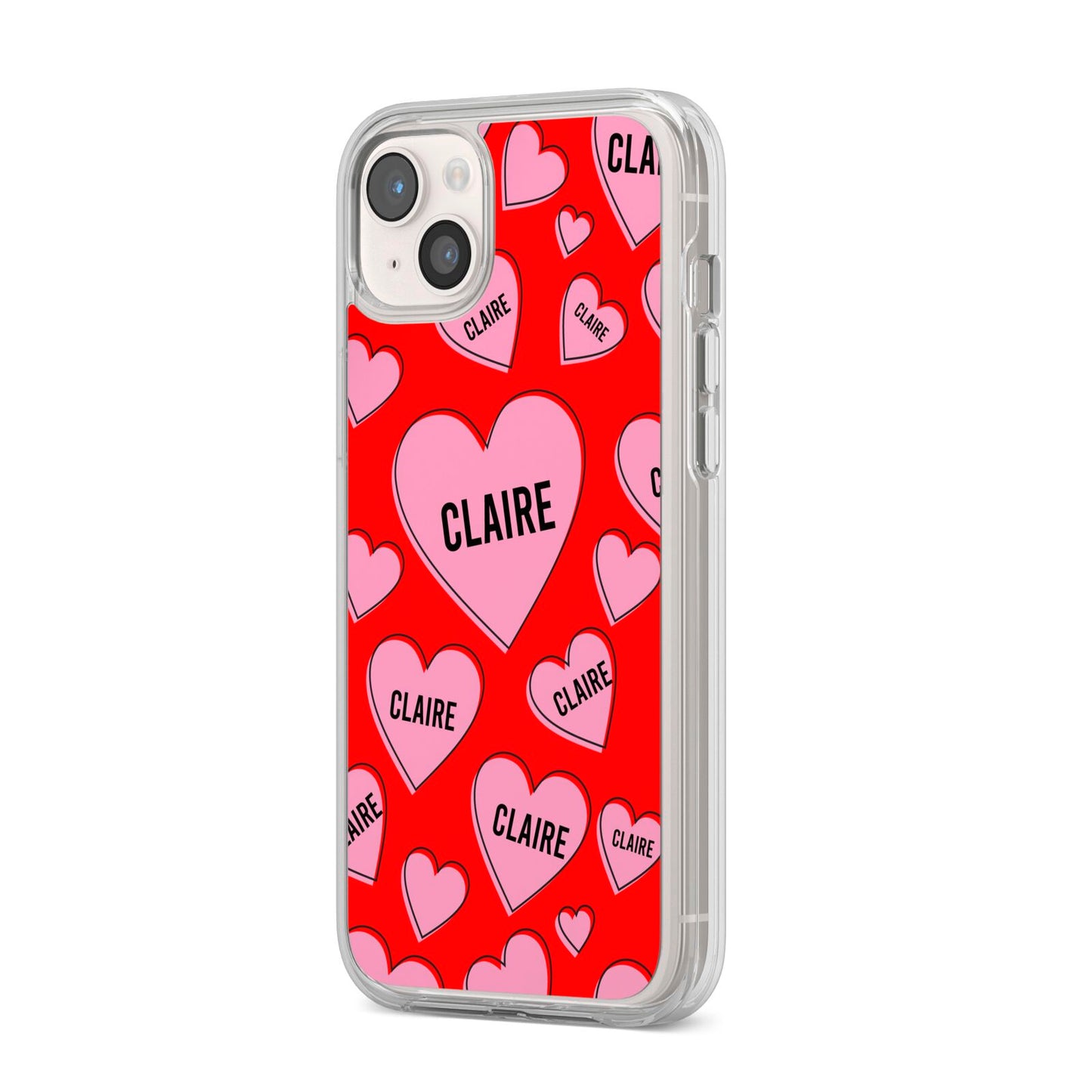 Personalised Hearts iPhone 14 Plus Clear Tough Case Starlight Angled Image