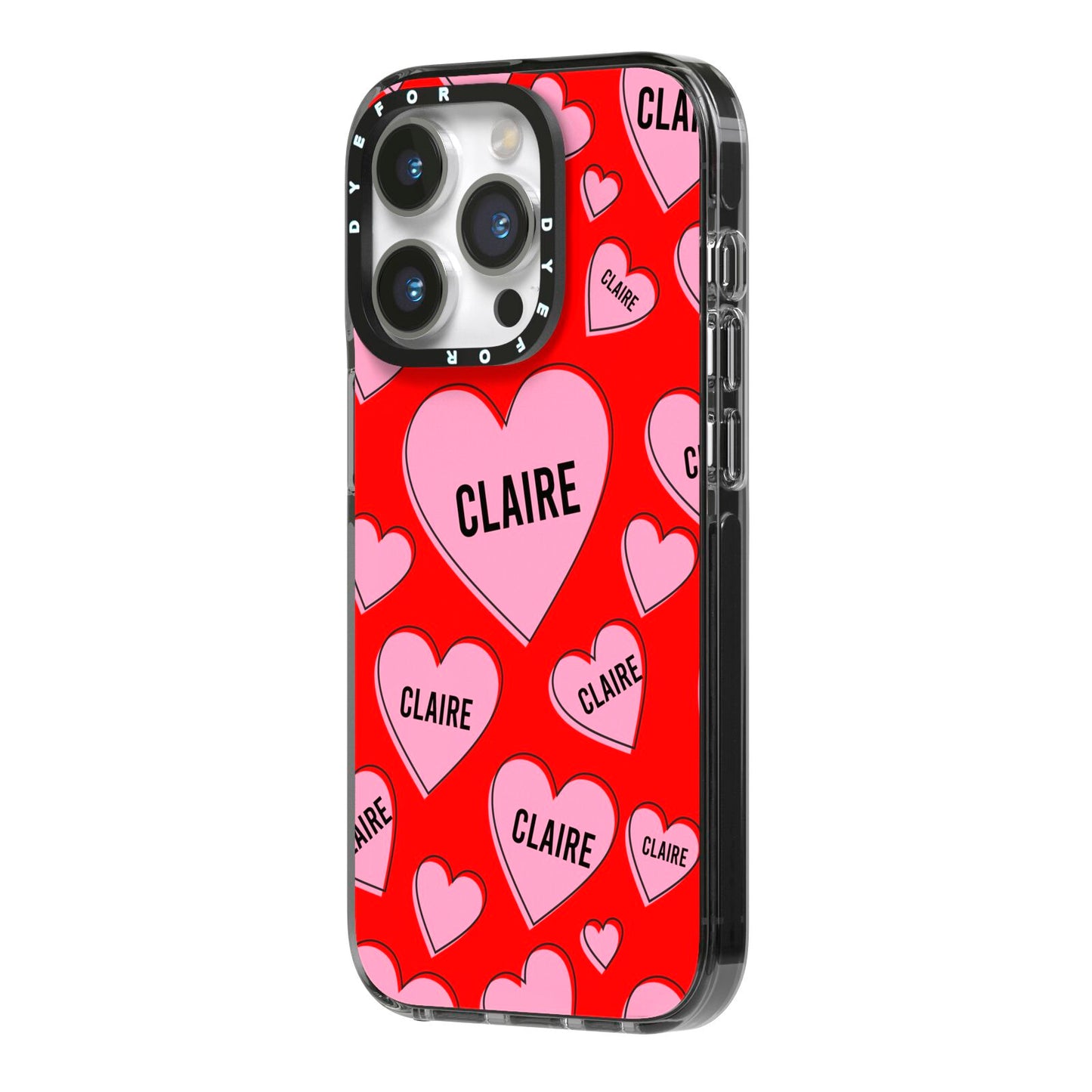 Personalised Hearts iPhone 14 Pro Black Impact Case Side Angle on Silver phone