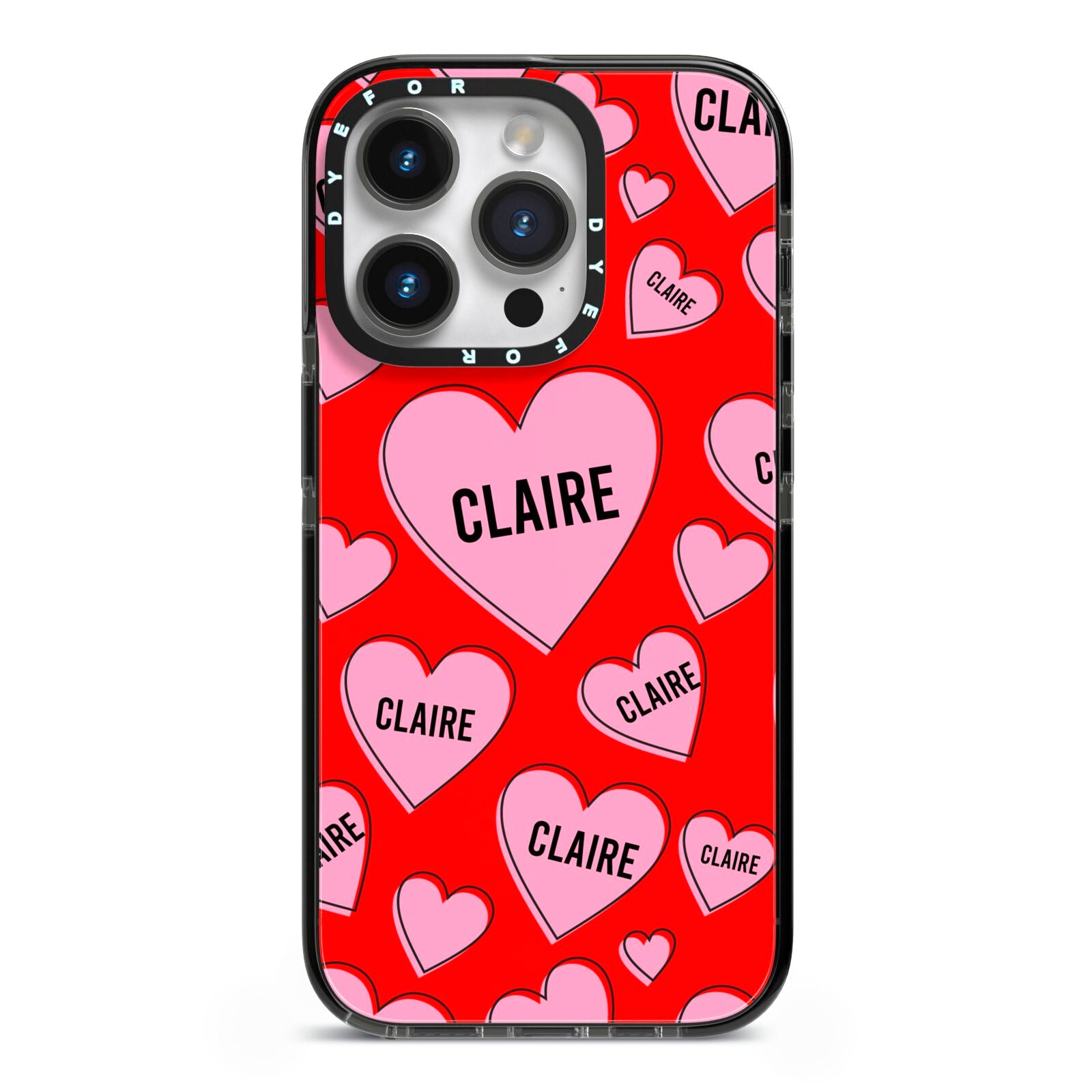 Personalised Hearts iPhone 14 Pro Black Impact Case on Silver phone