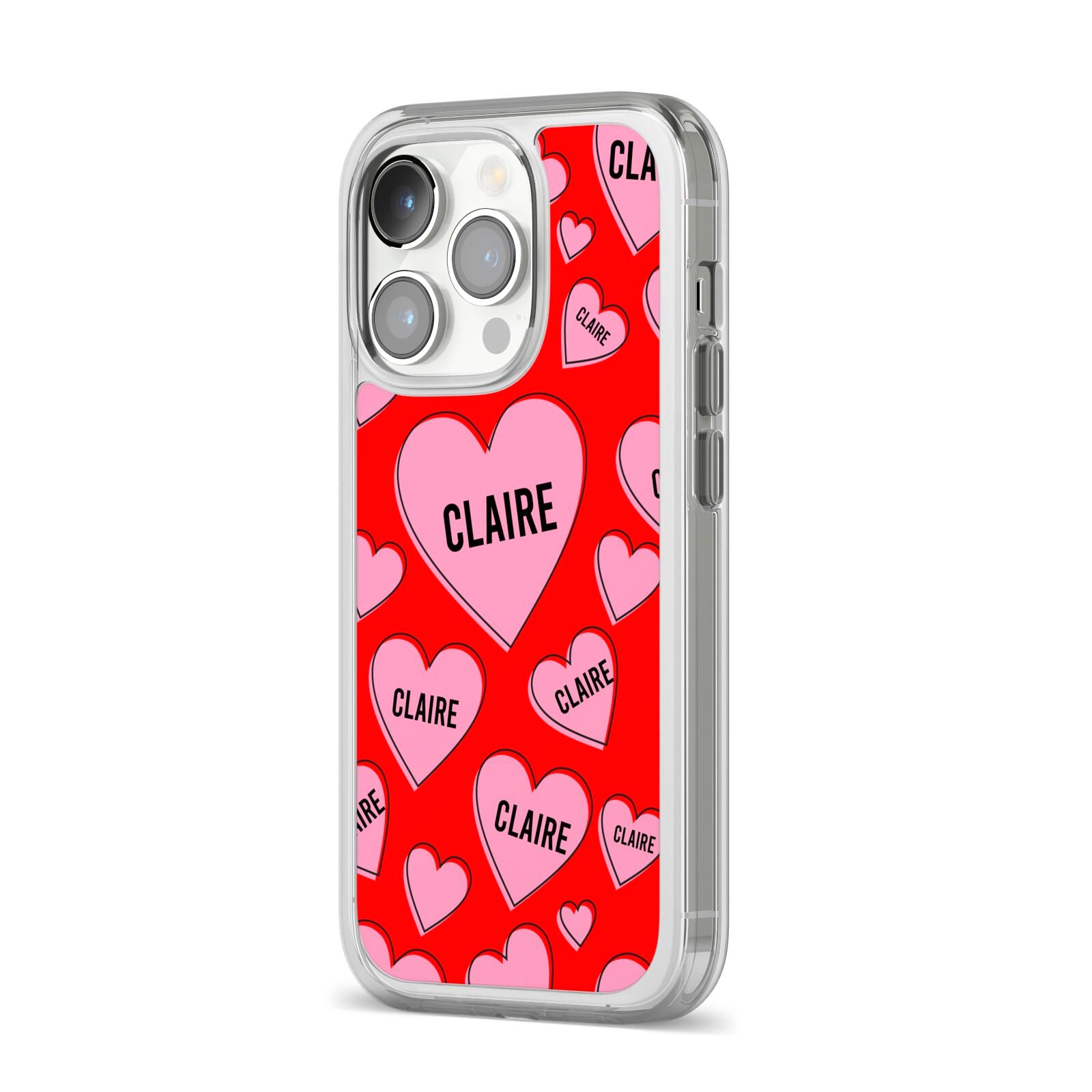 Personalised Hearts iPhone 14 Pro Clear Tough Case Silver Angled Image