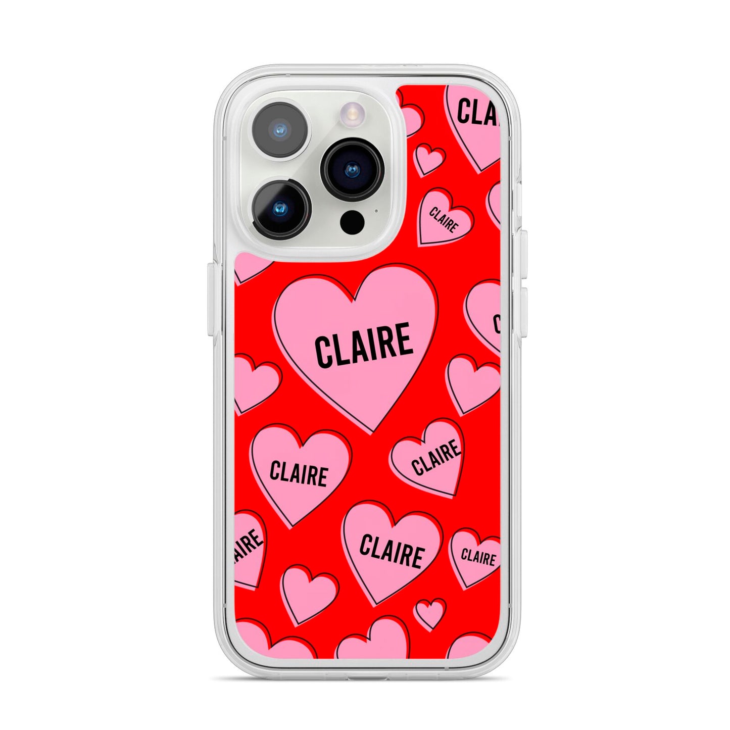 Personalised Hearts iPhone 14 Pro Clear Tough Case Silver