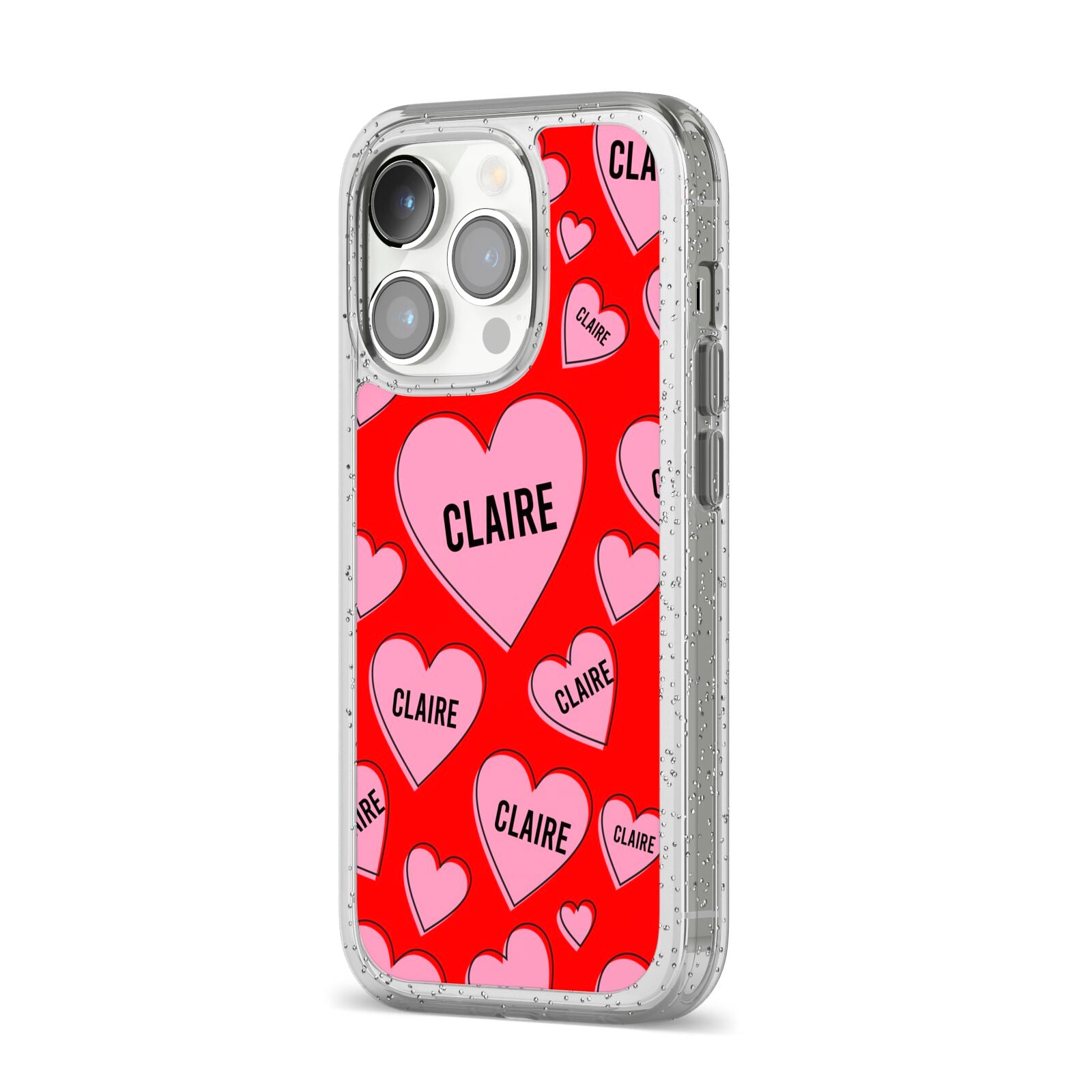 Personalised Hearts iPhone 14 Pro Glitter Tough Case Silver Angled Image