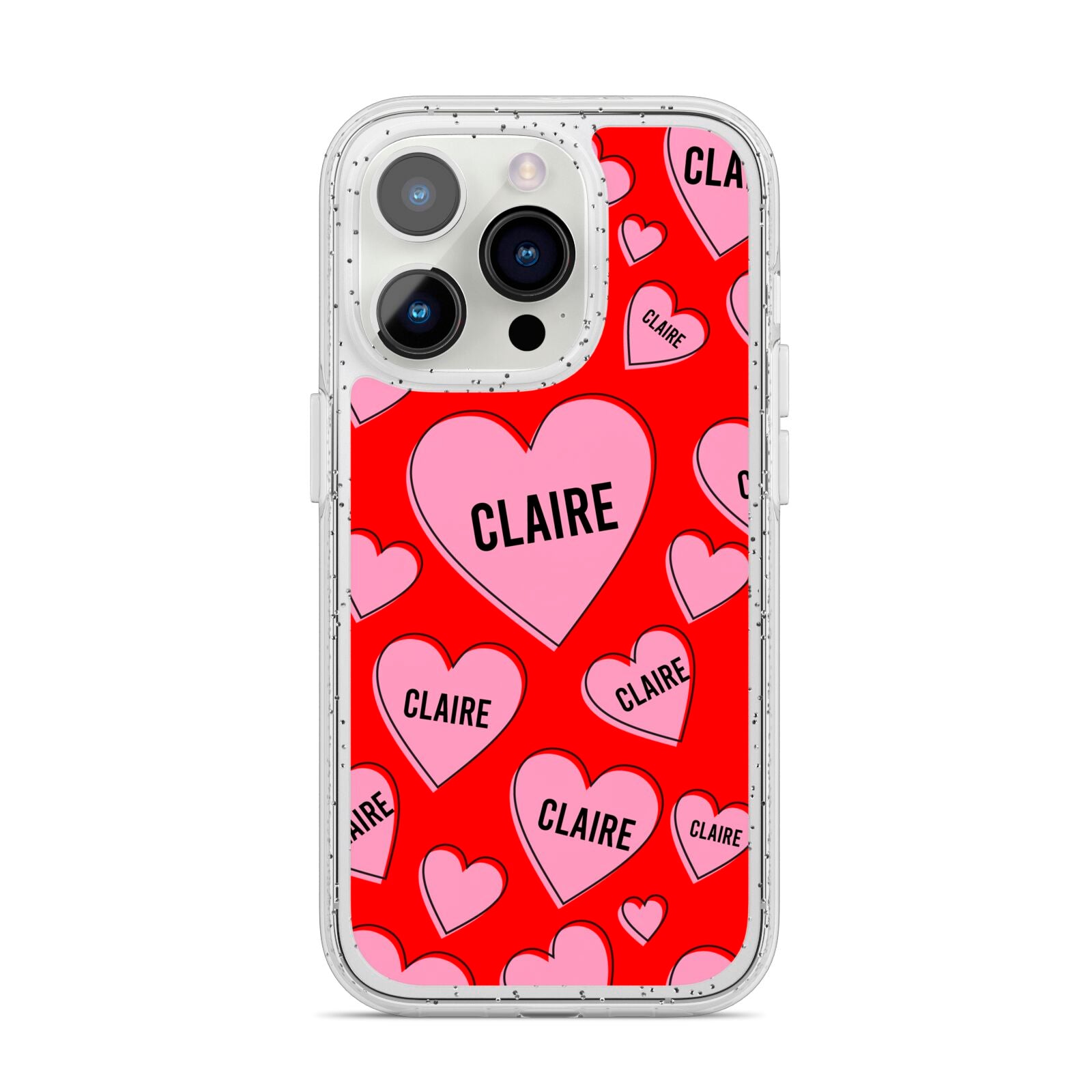 Personalised Hearts iPhone 14 Pro Glitter Tough Case Silver