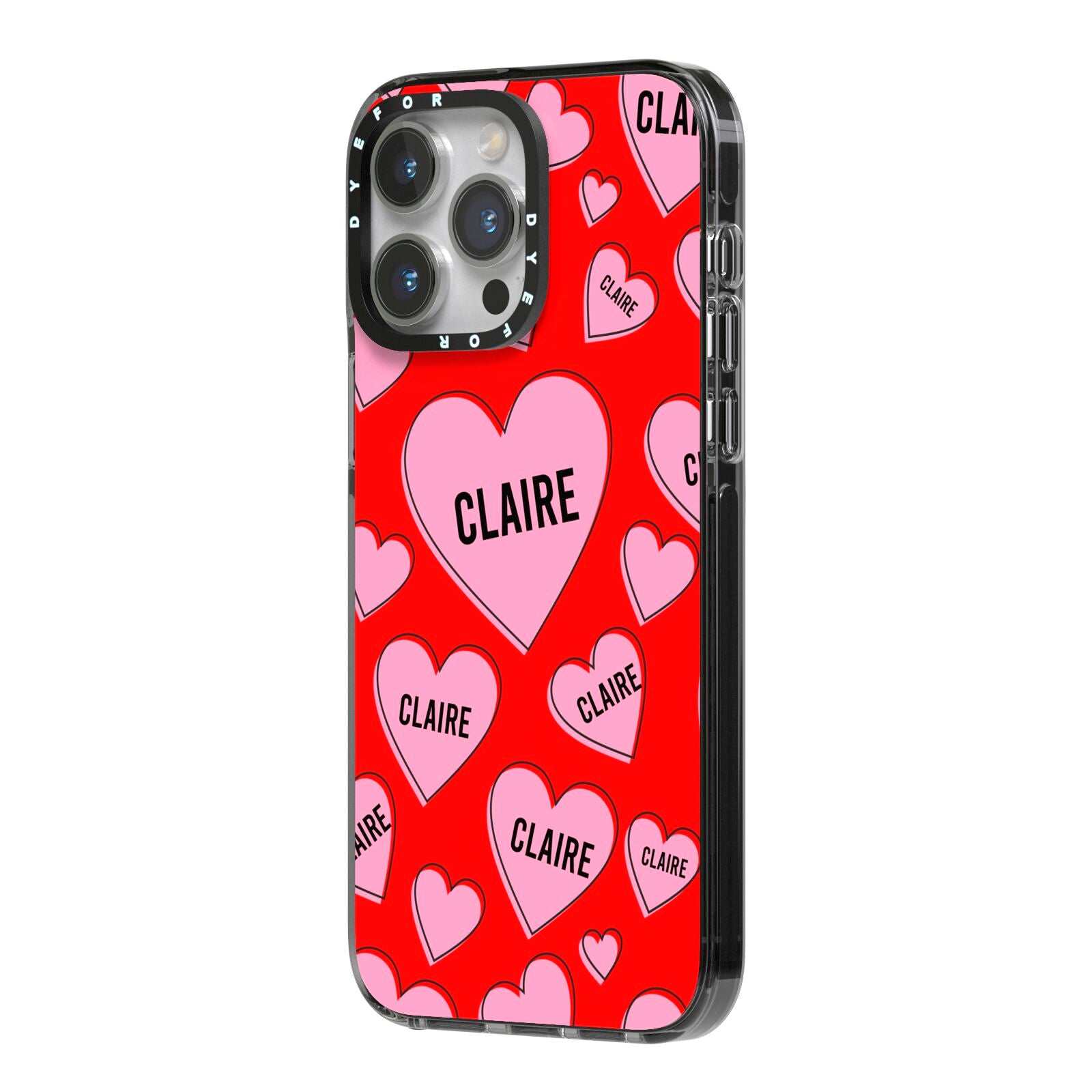 Personalised Hearts iPhone 14 Pro Max Black Impact Case Side Angle on Silver phone