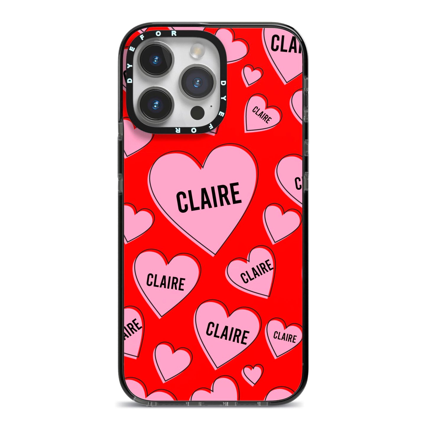 Personalised Hearts iPhone 14 Pro Max Black Impact Case on Silver phone